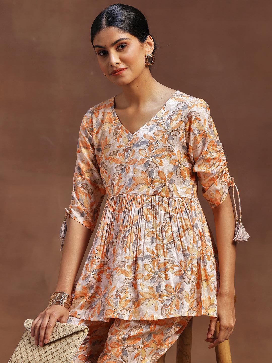 Orange Printed Cotton Blend Co-Ords