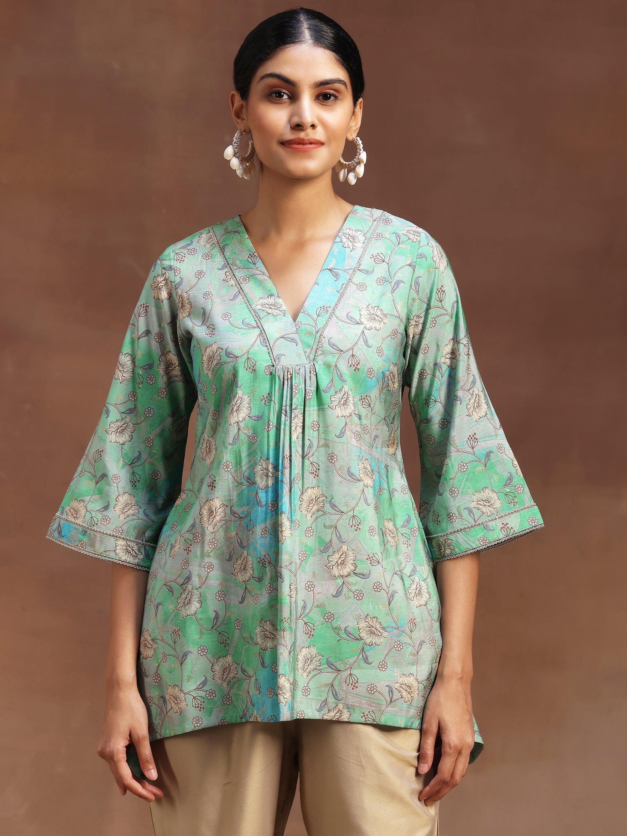 Green Printed Silk Blend A-Line Kurti