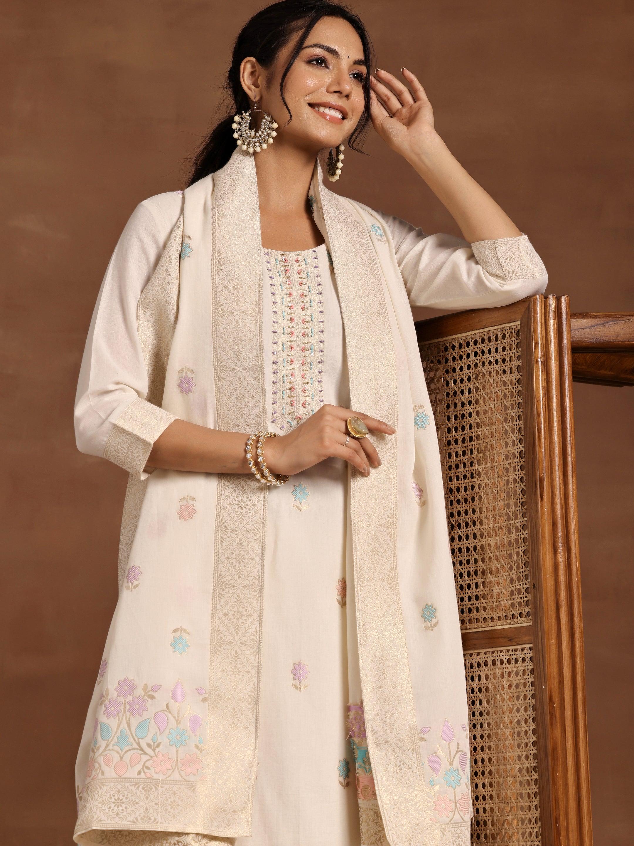 Off White Woven Design Linen Straight Suit With Dupatta