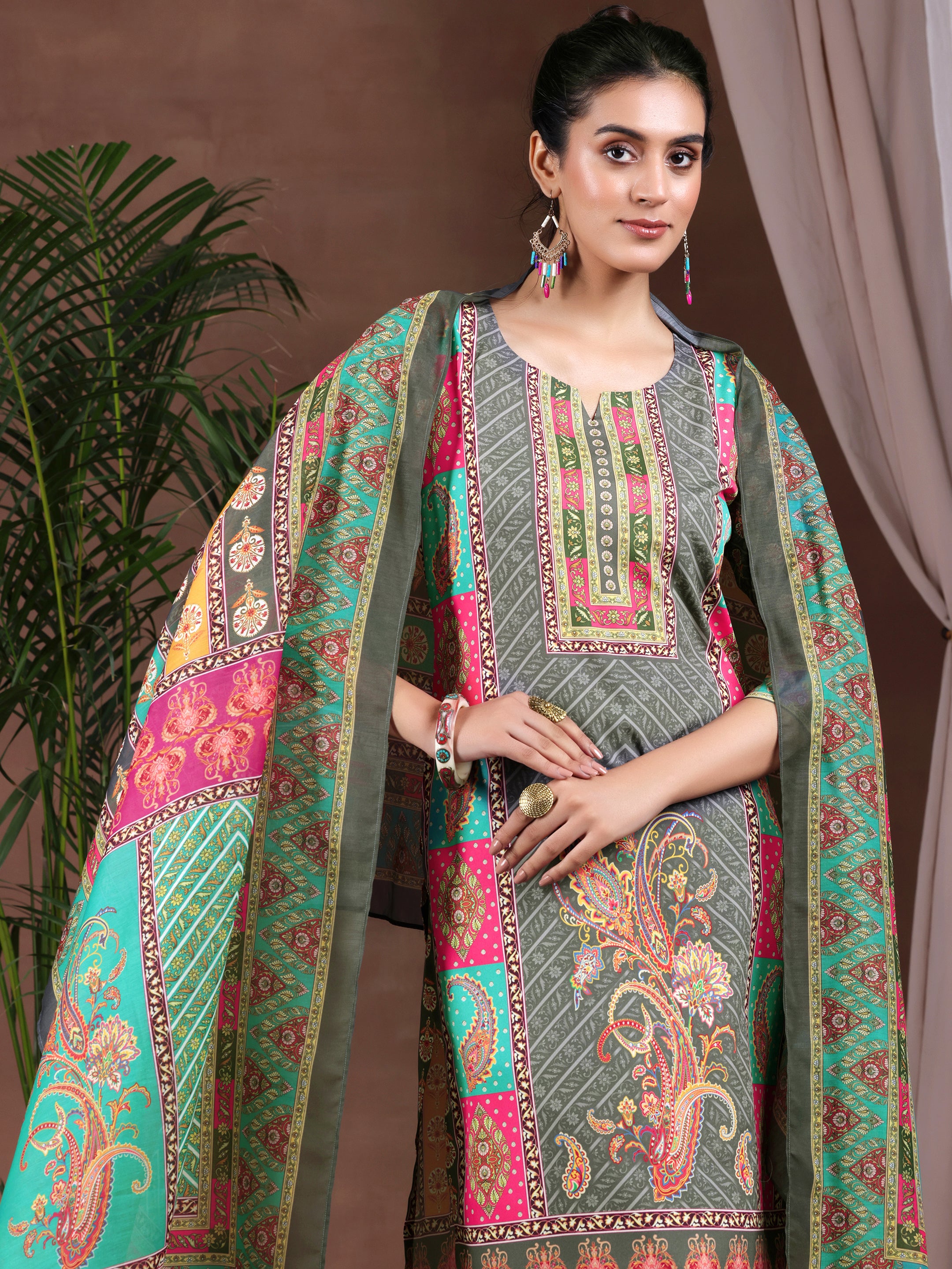 Grey Printed Poly Crepe Straight Suit With Dupatta