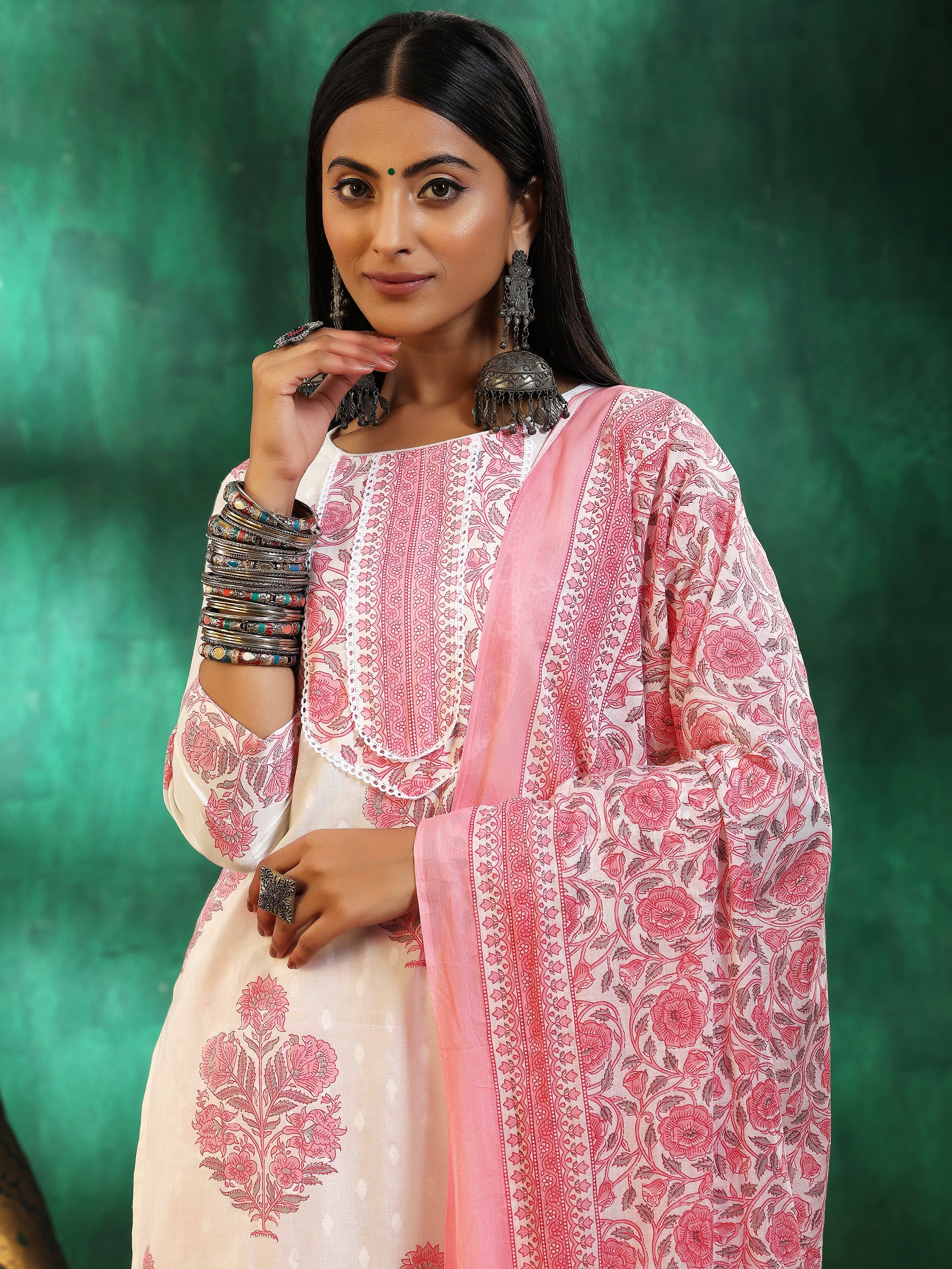 Off White Printed Cotton Straight Suit With Dupatta