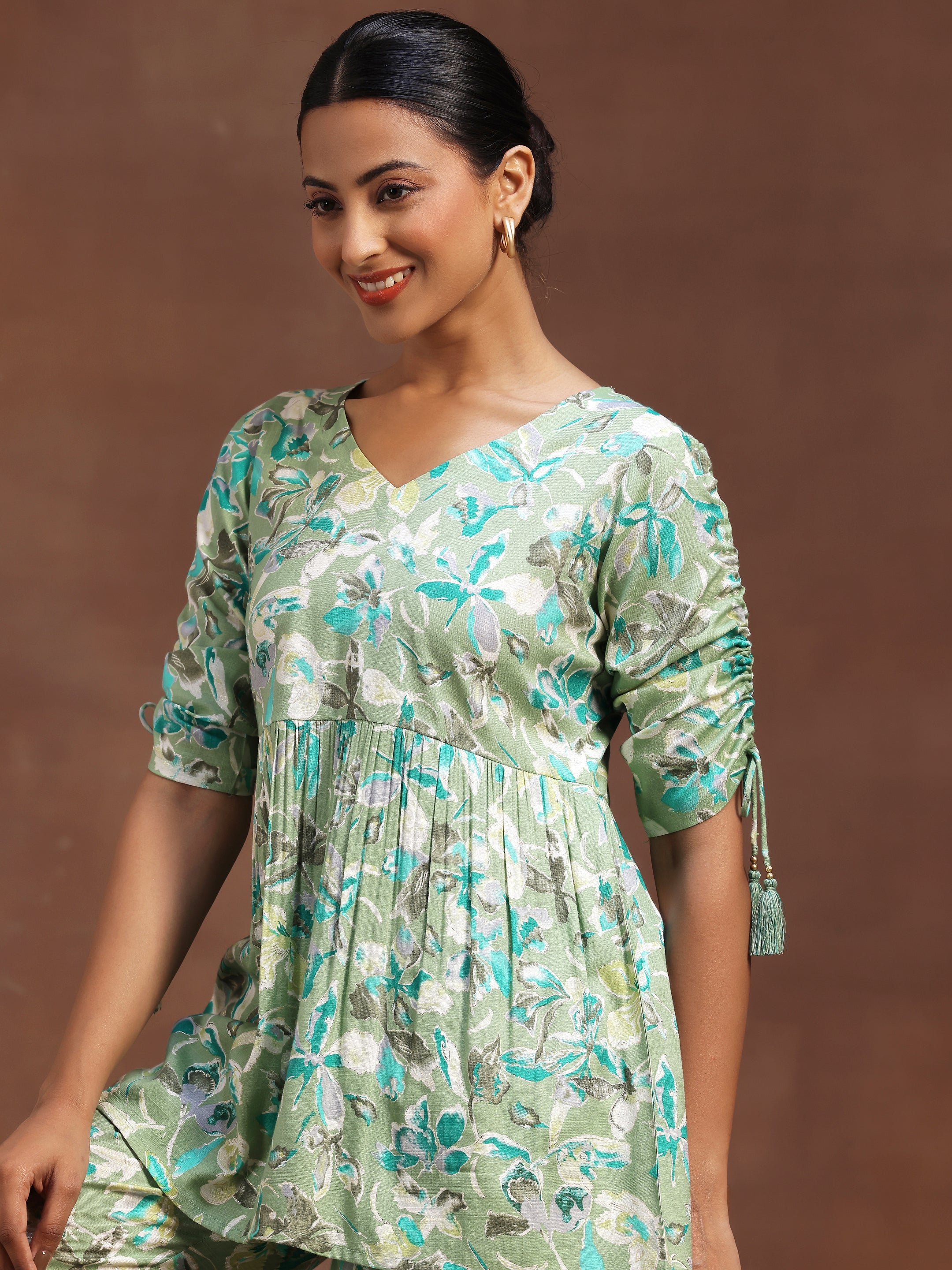 Green Printed Cotton Blend Co-Ords