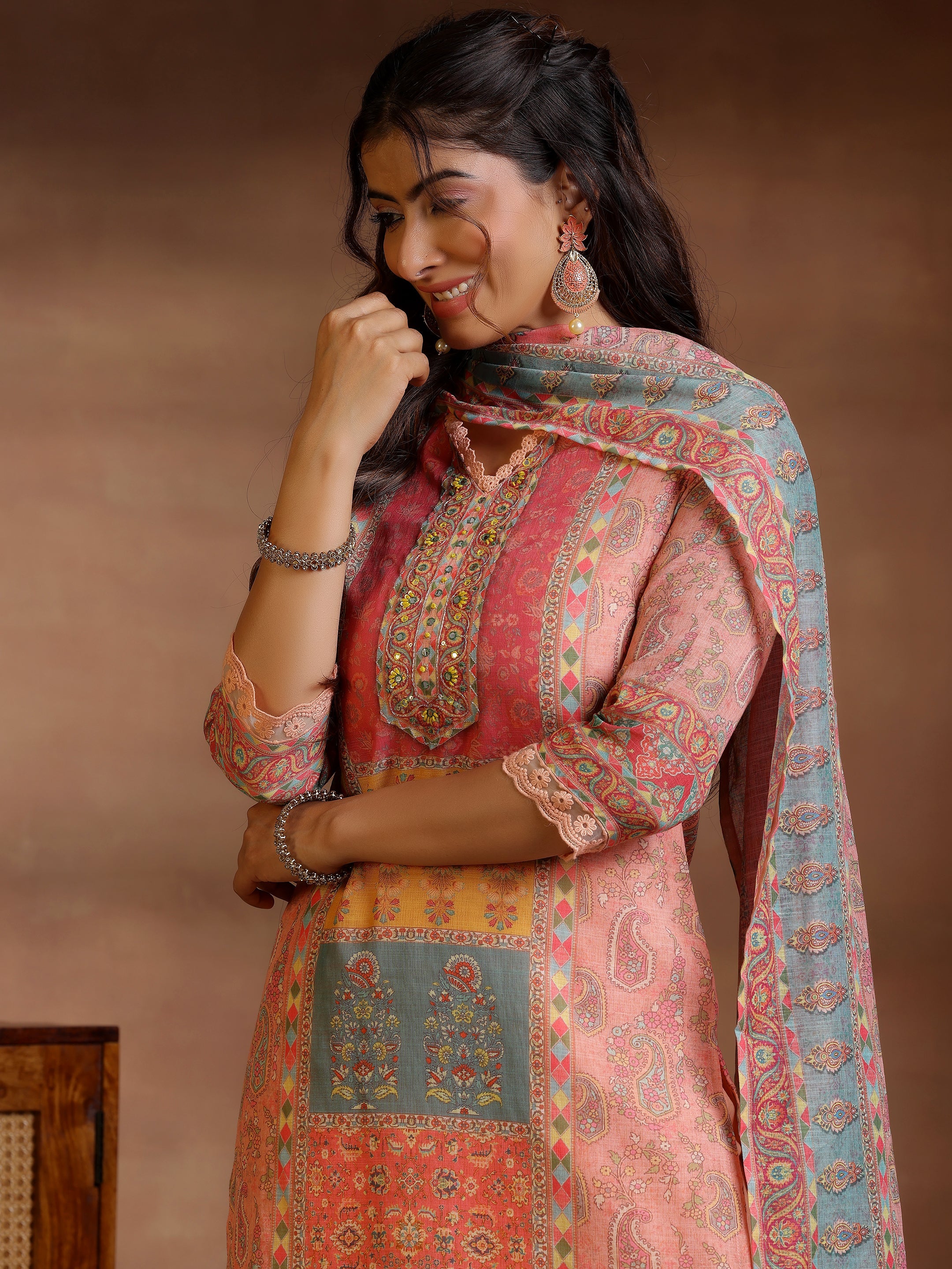 Peach Printed Linen Straight Suit With Dupatta