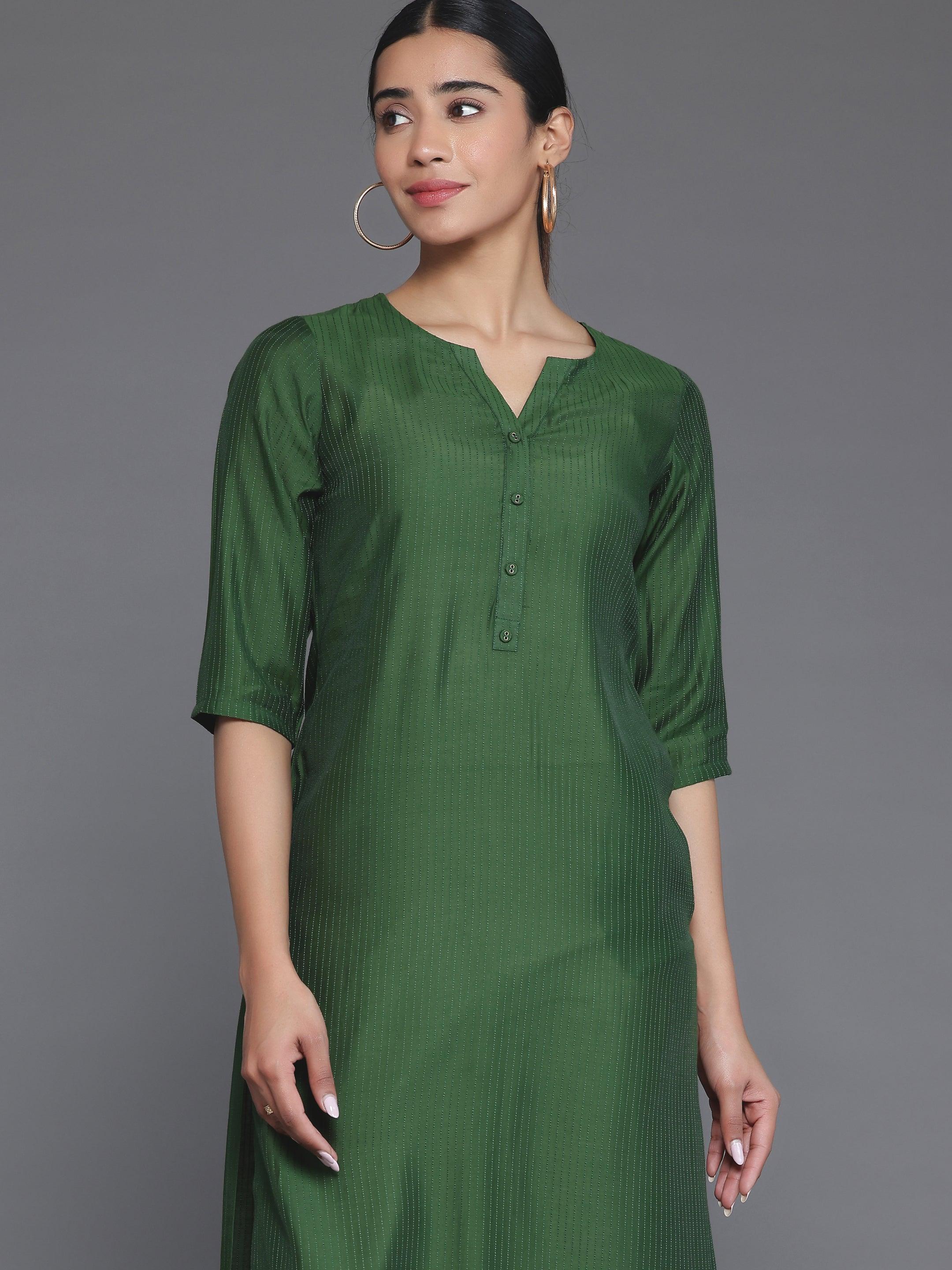 Green Woven Design Silk Straight Kurta