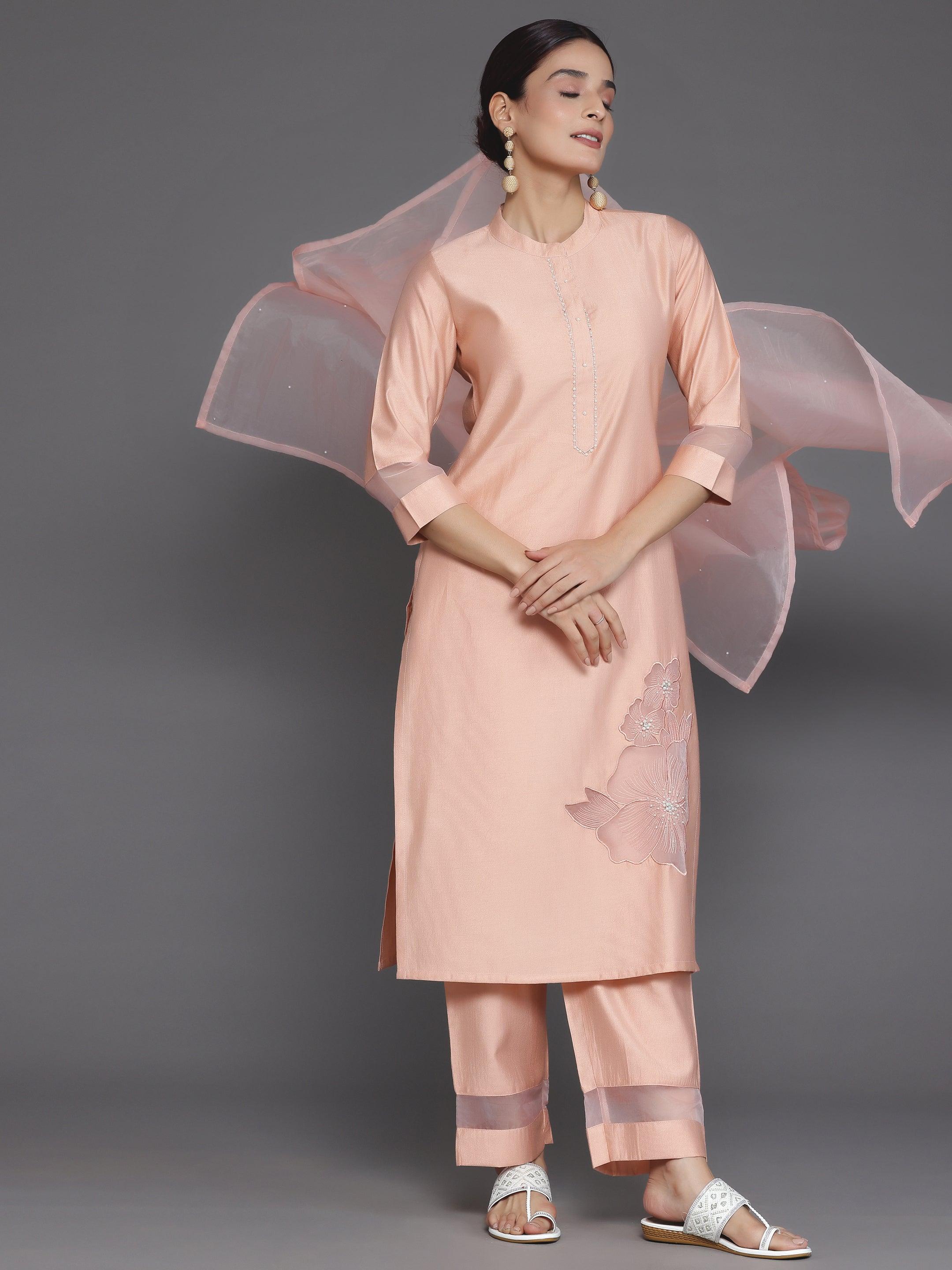 Peach Solid Silk Blend Straight Suit With Dupatta