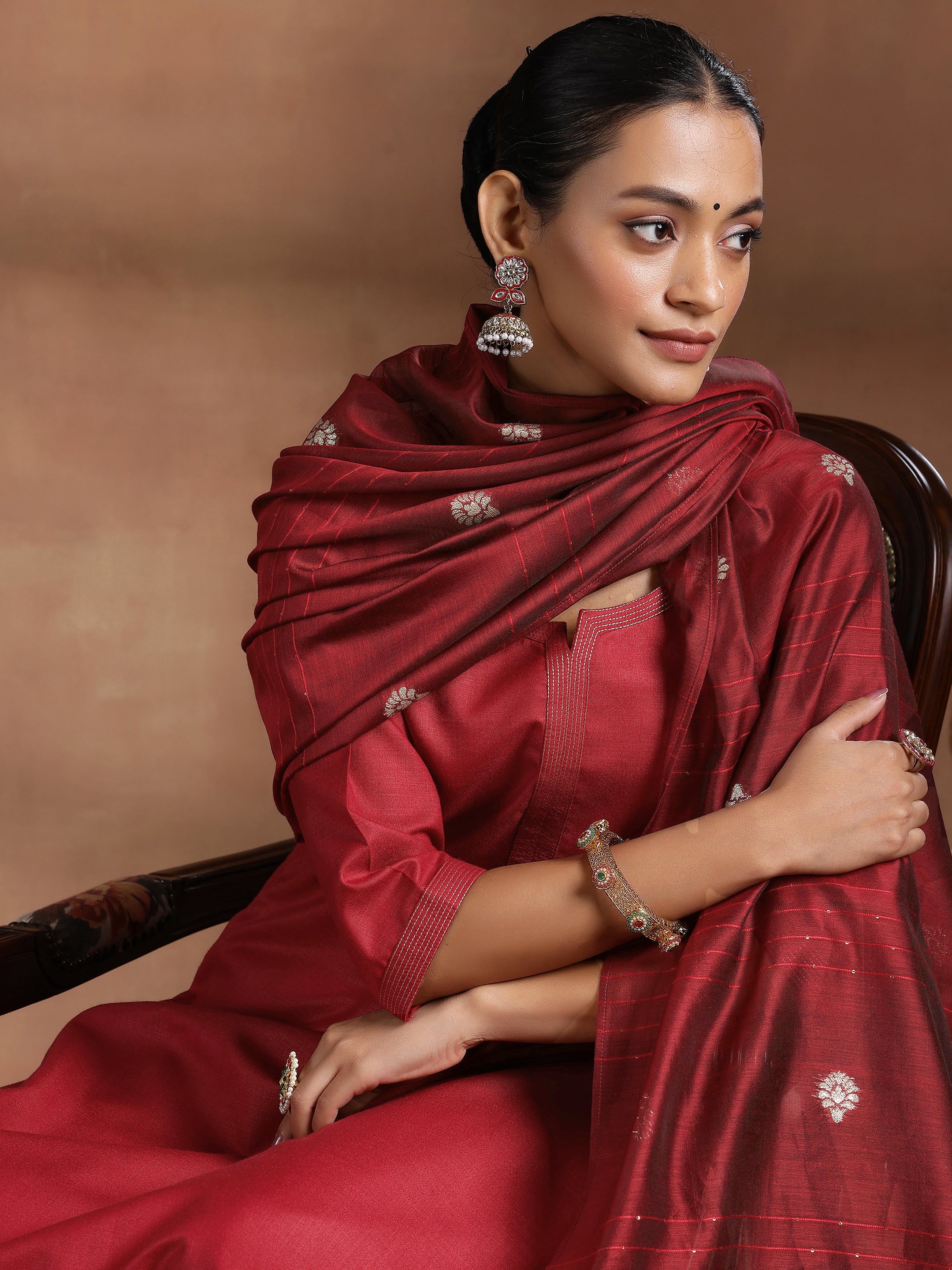 Maroon Solid Silk Blend Straight Suit With Dupatta