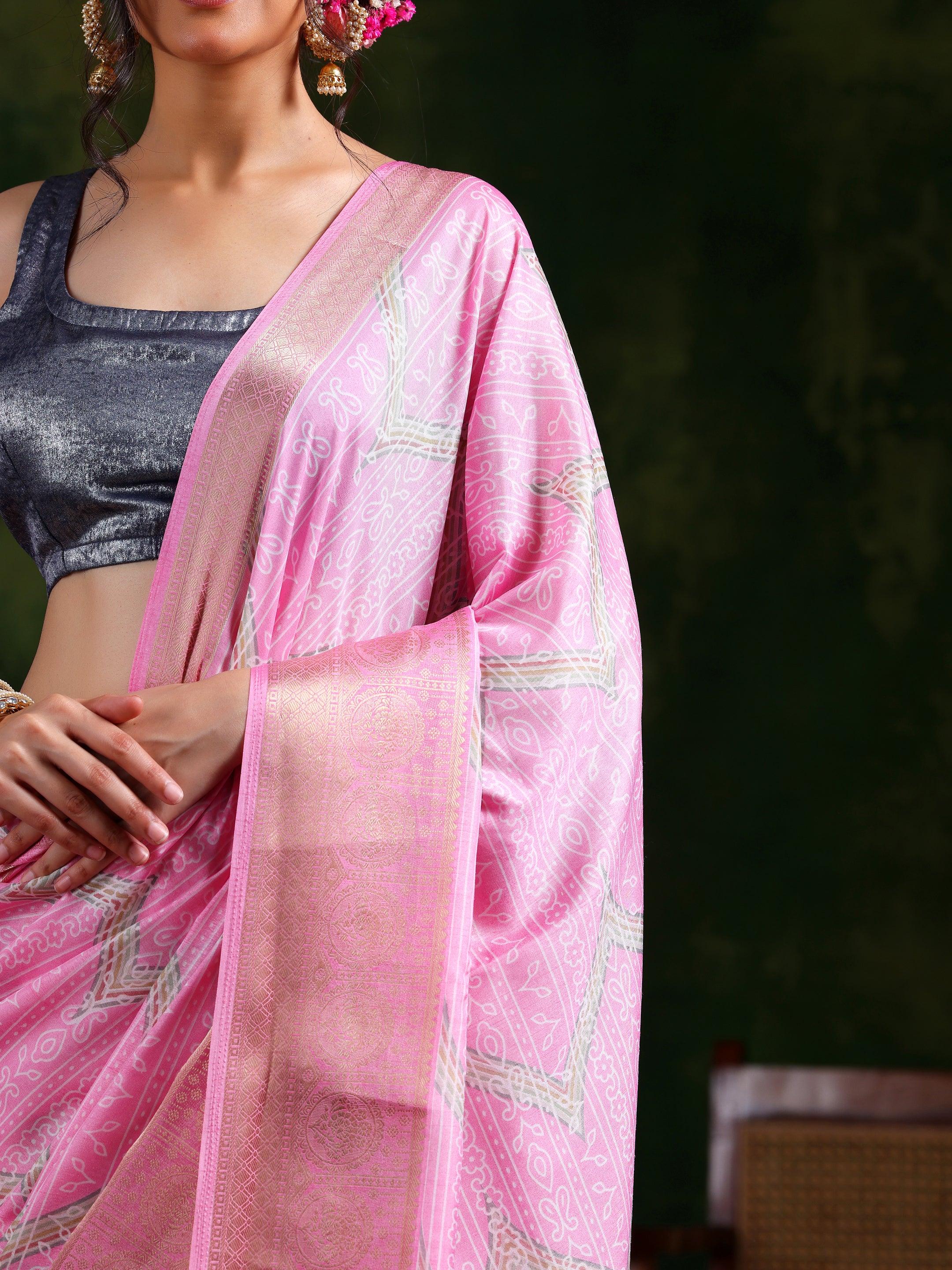 Pink Printed Silk Blend Saree With Unstitched Blouse Piece