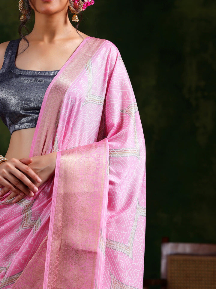 Pink Printed Silk Blend Saree With Unstitched Blouse Piece - Libas