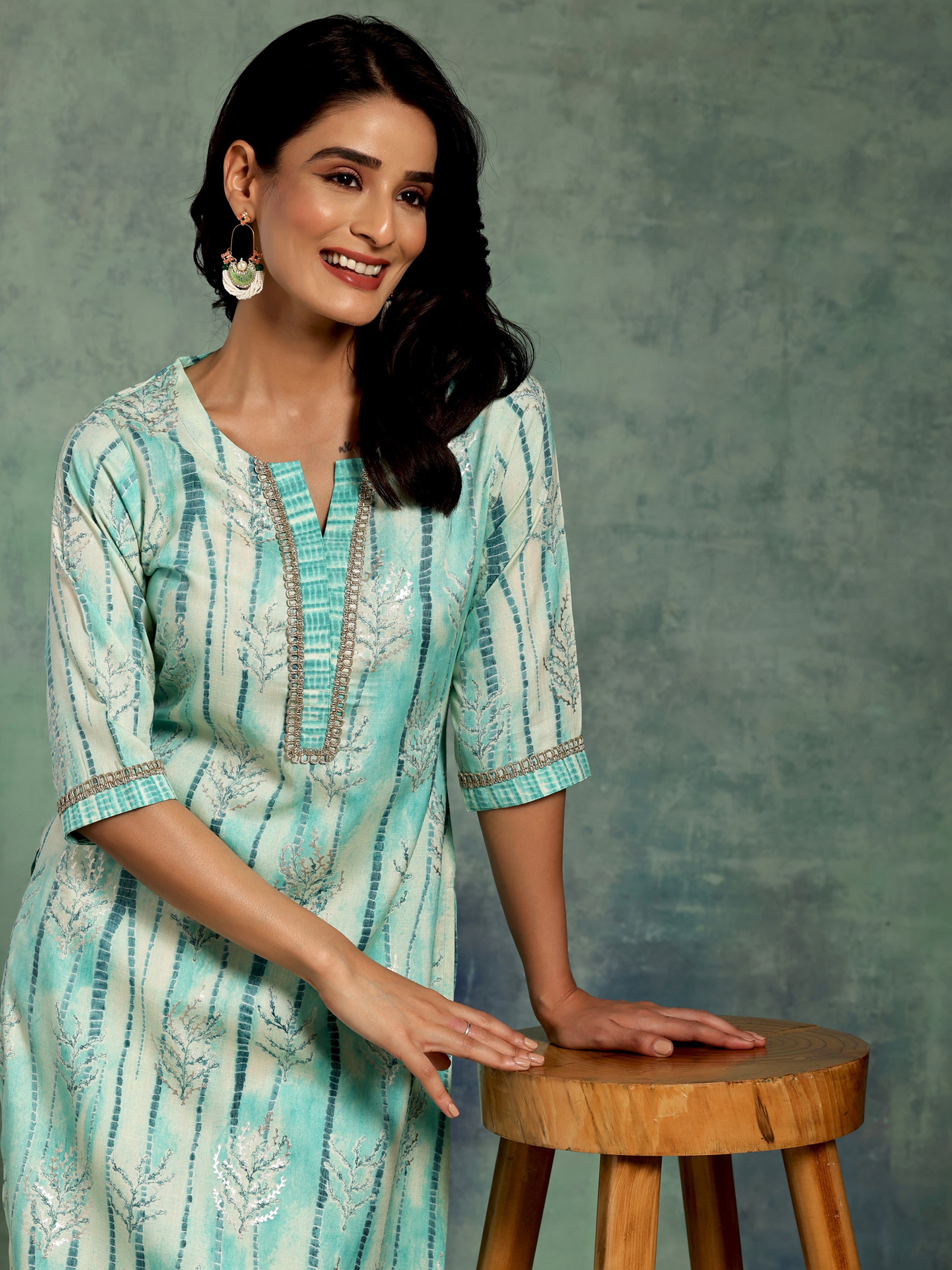 Blue Printed Rayon Straight Kurta Set