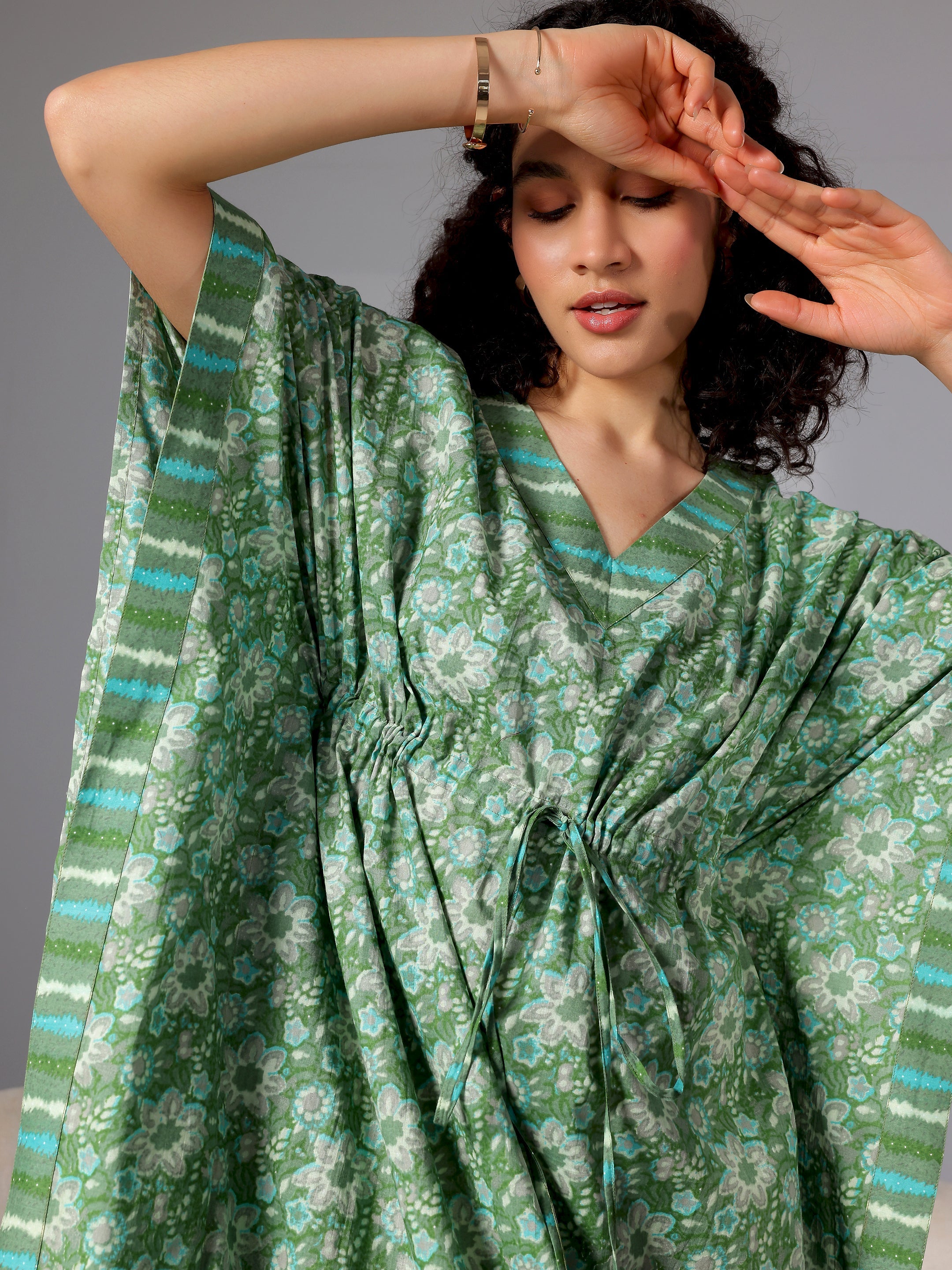 Green Printed Cotton Kaftan Night Dress