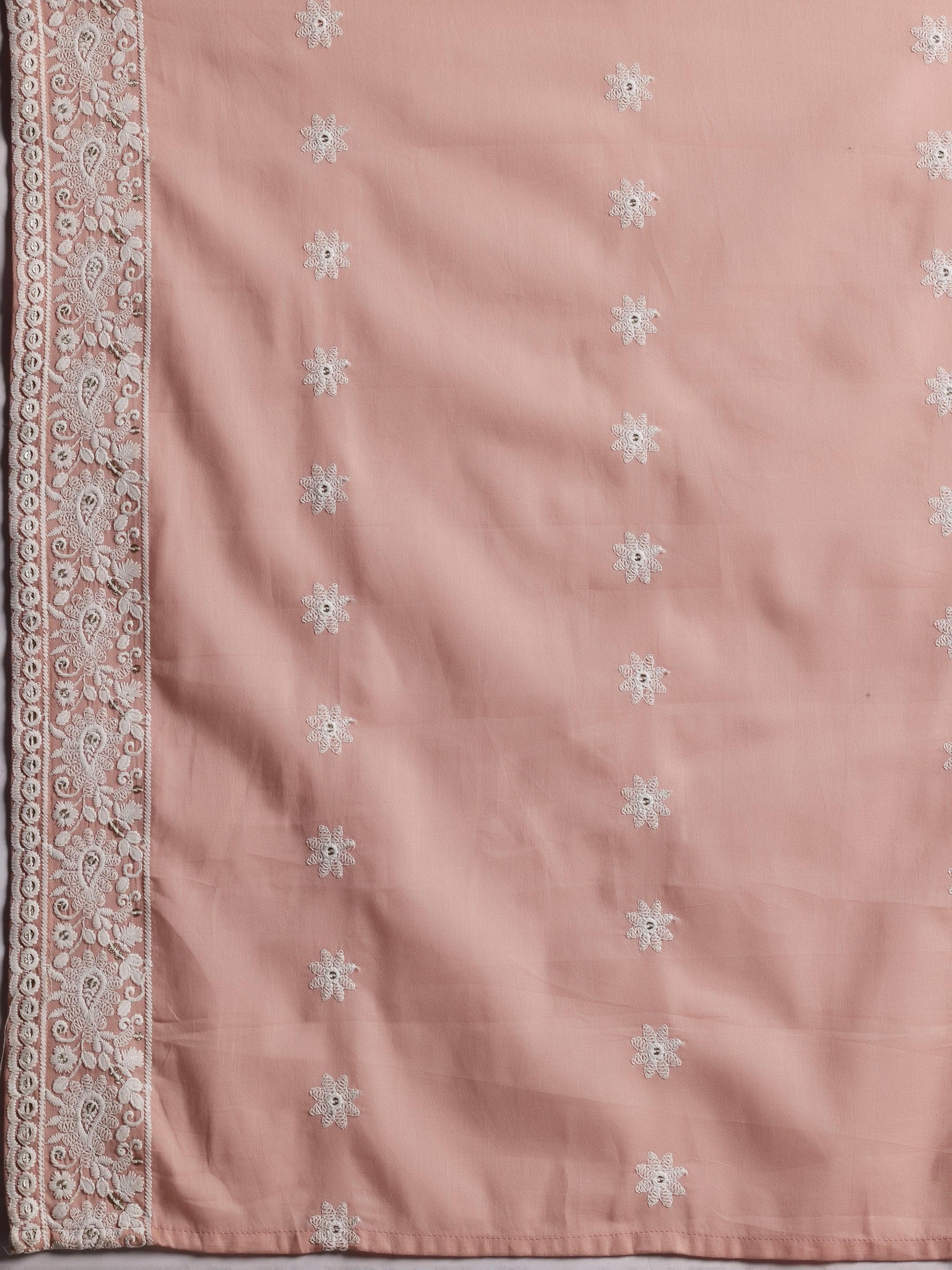 Peach Embroidered Cotton A-Line Kurta With Palazzos & Dupatta