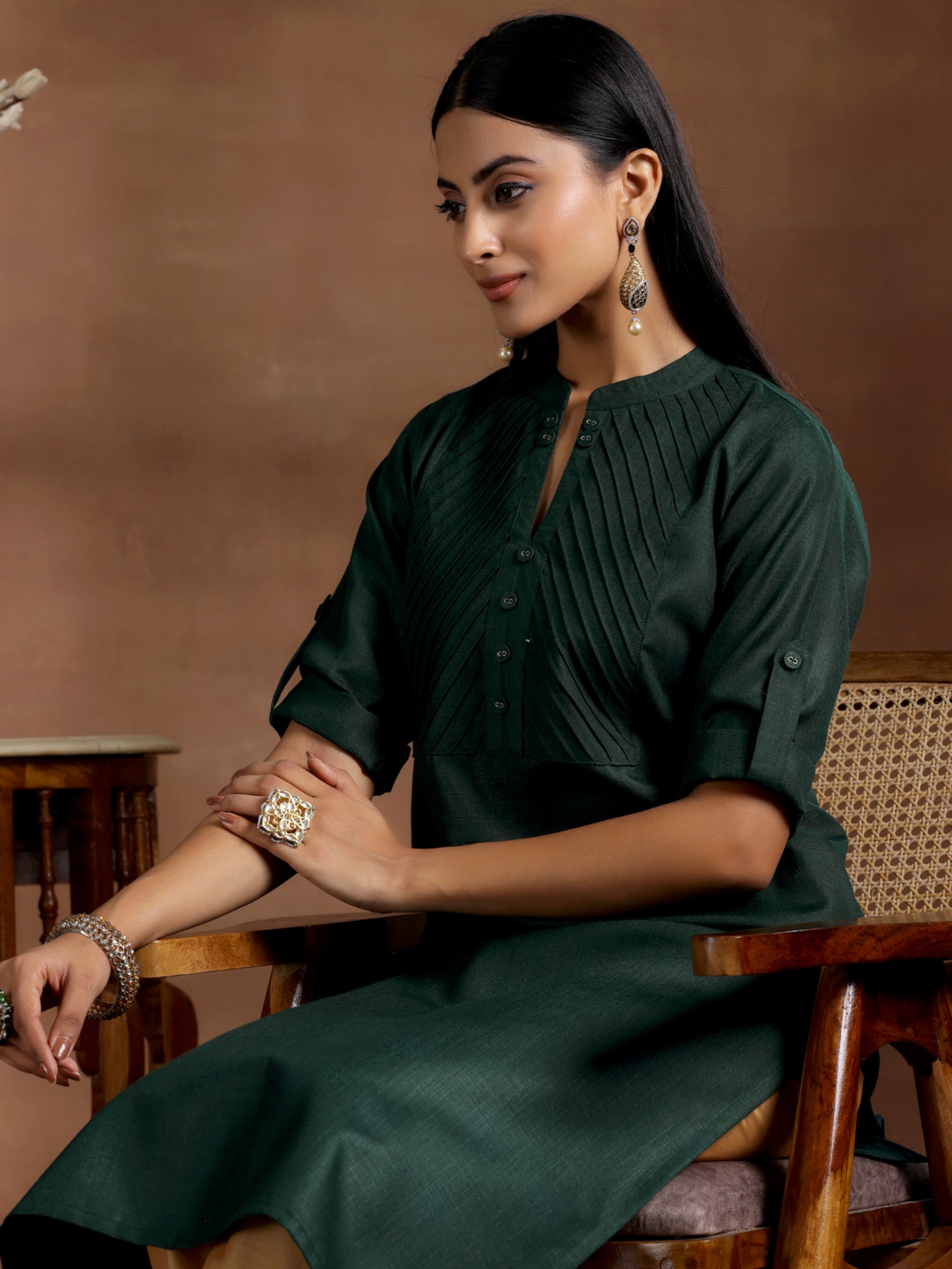 Green Solid Silk Straight Kurta