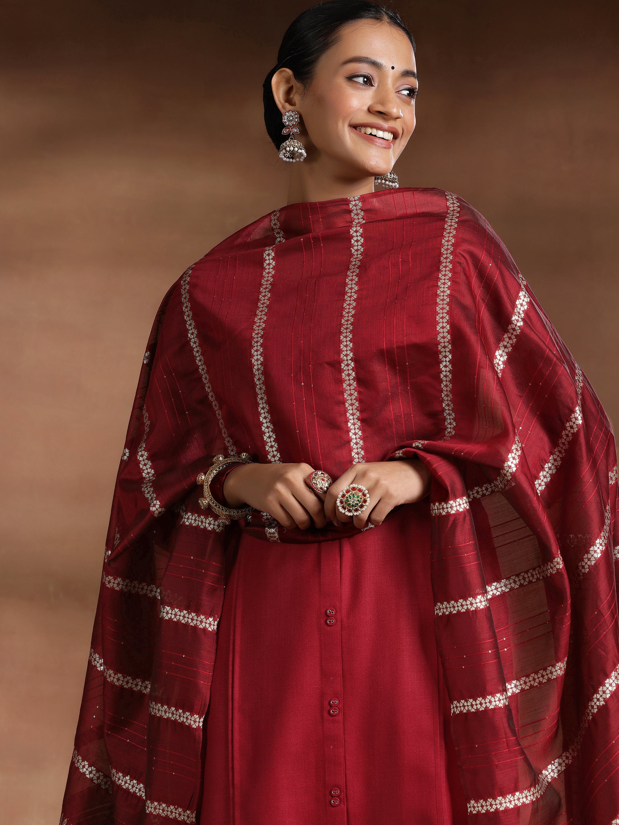 Maroon Solid Silk Blend Straight Suit With Dupatta