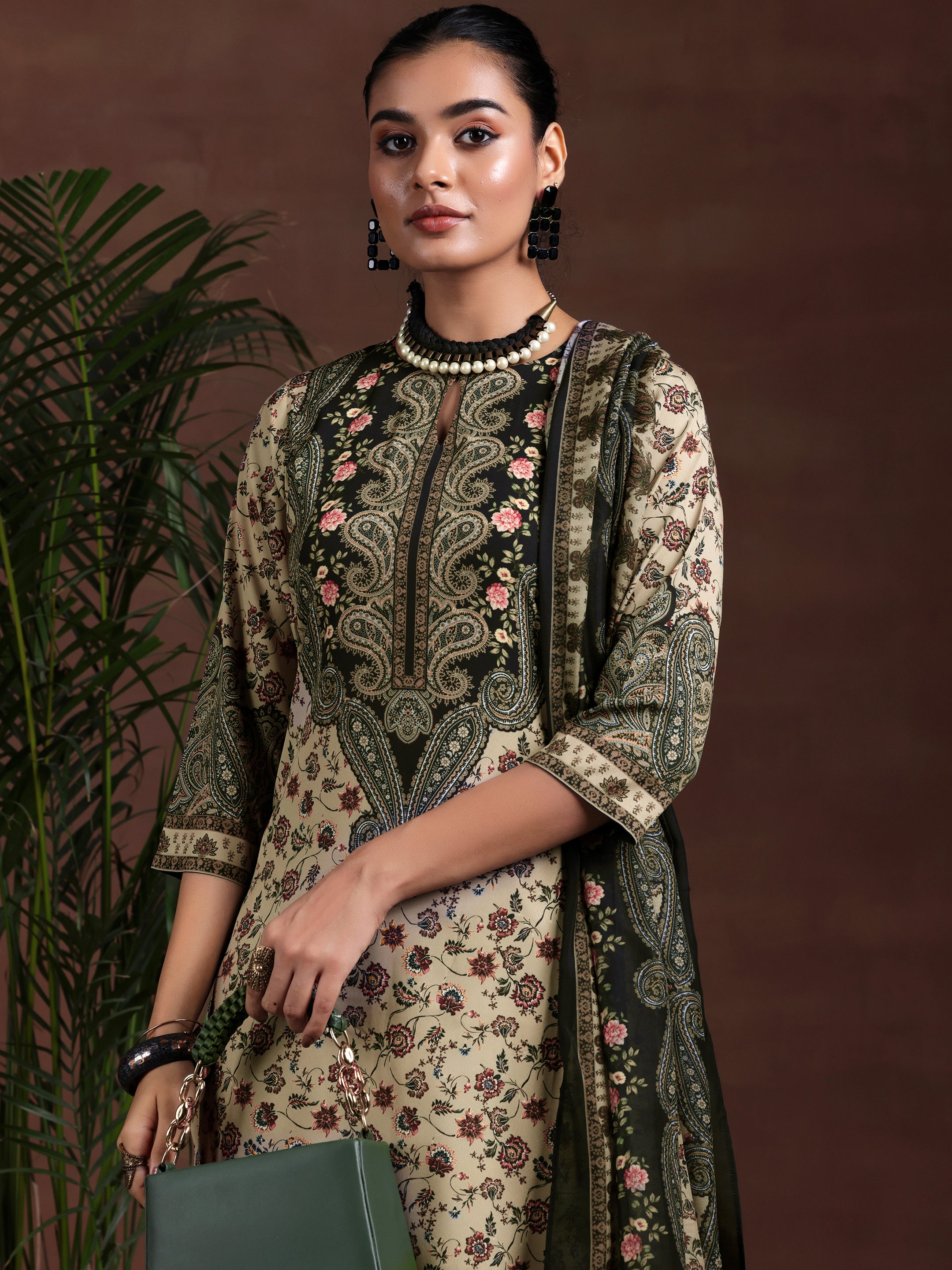 Beige Printed Poly Crepe Straight Suit With Dupatta