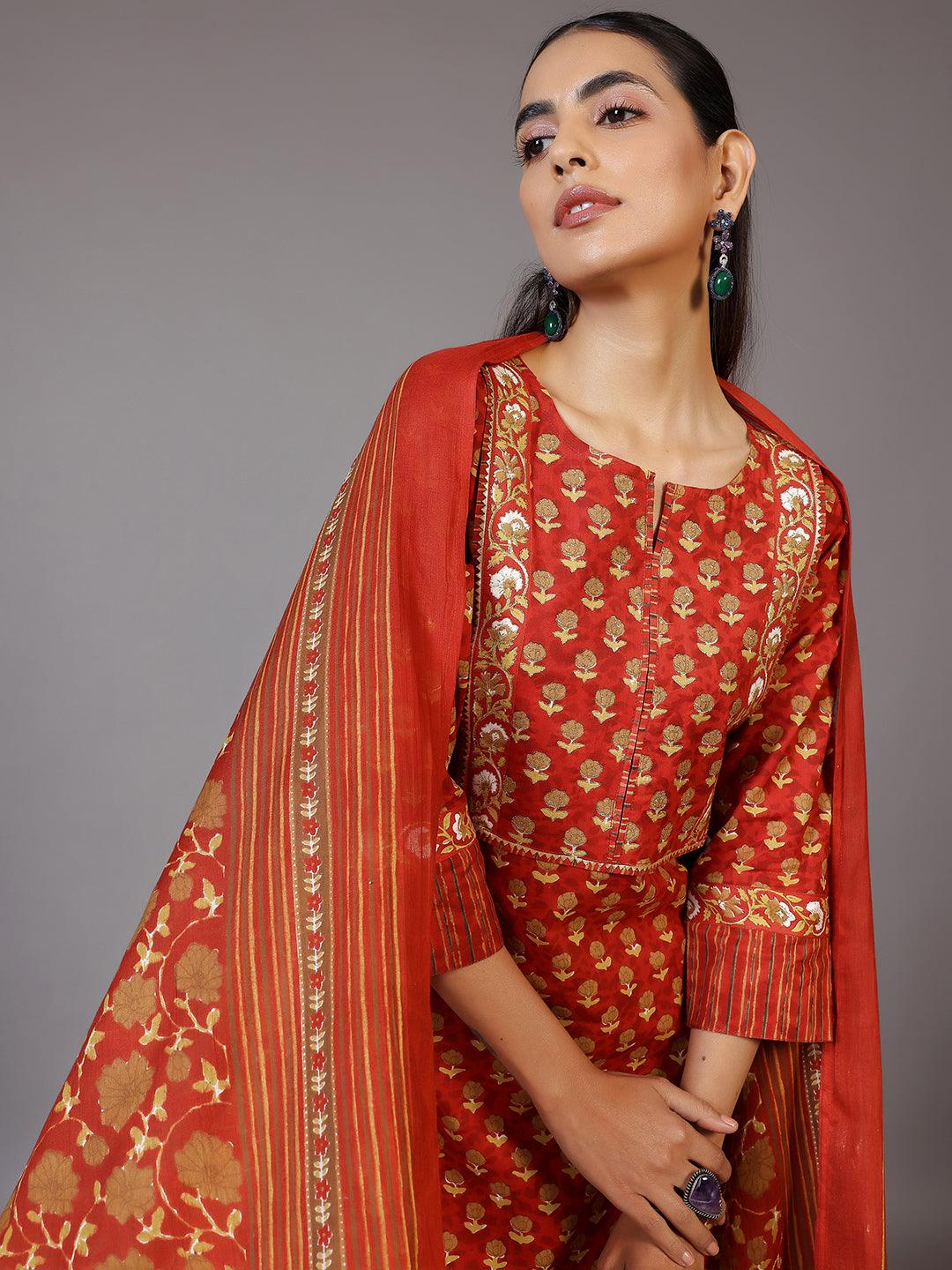 Rust Printed Cotton Straight Suit With Dupatta