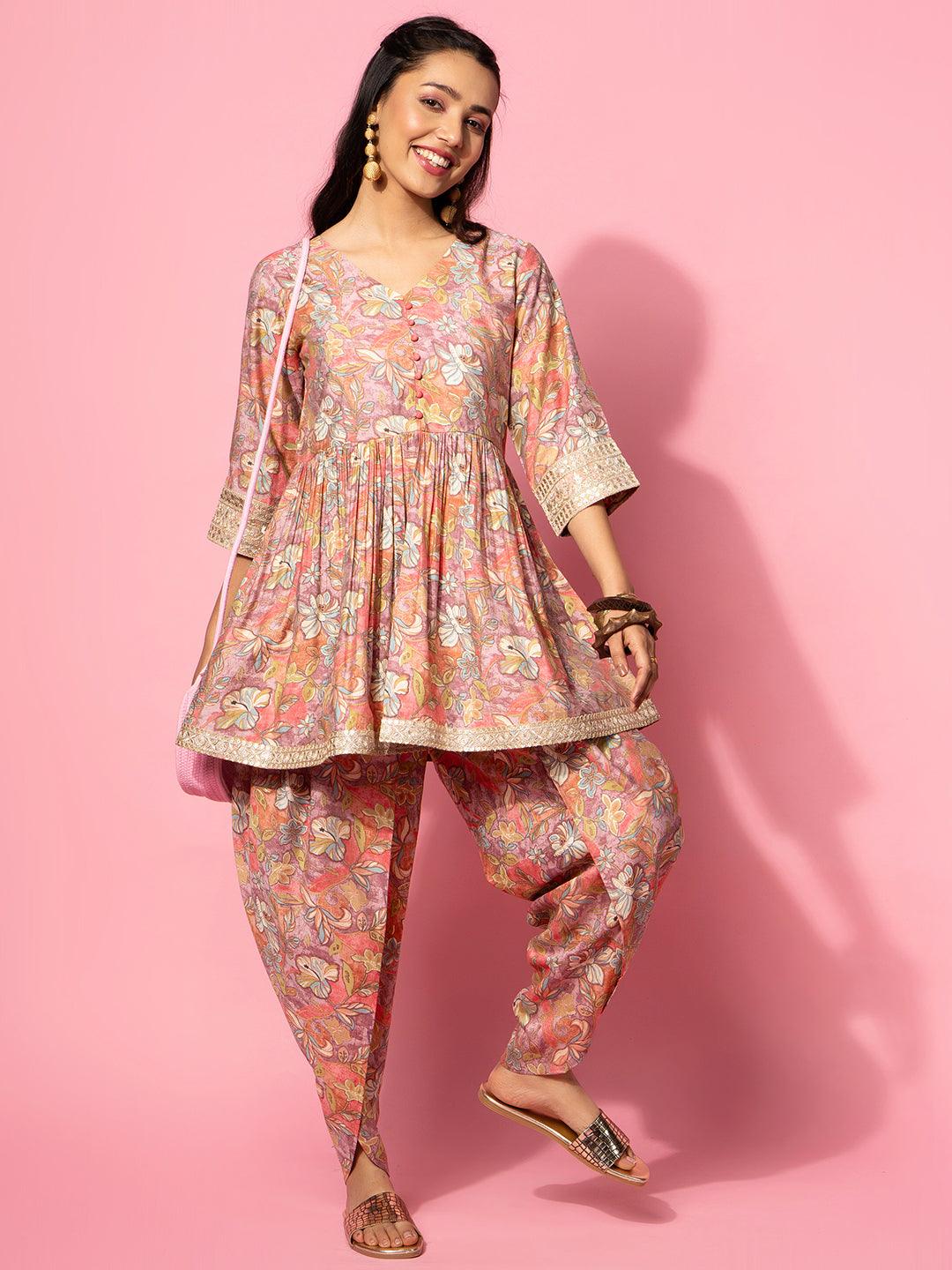 Peach Printed Silk Blend Co-Ords