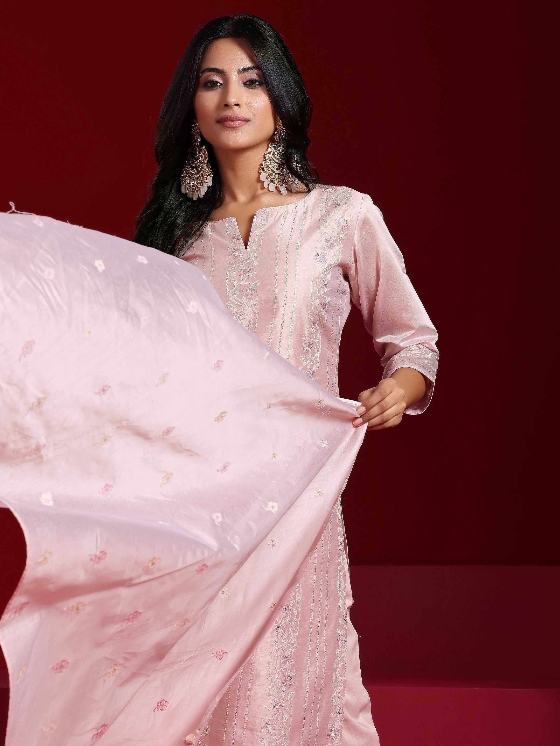 Libas Art Pink Embroidered Chanderi Silk Straight Suit With Dupatta