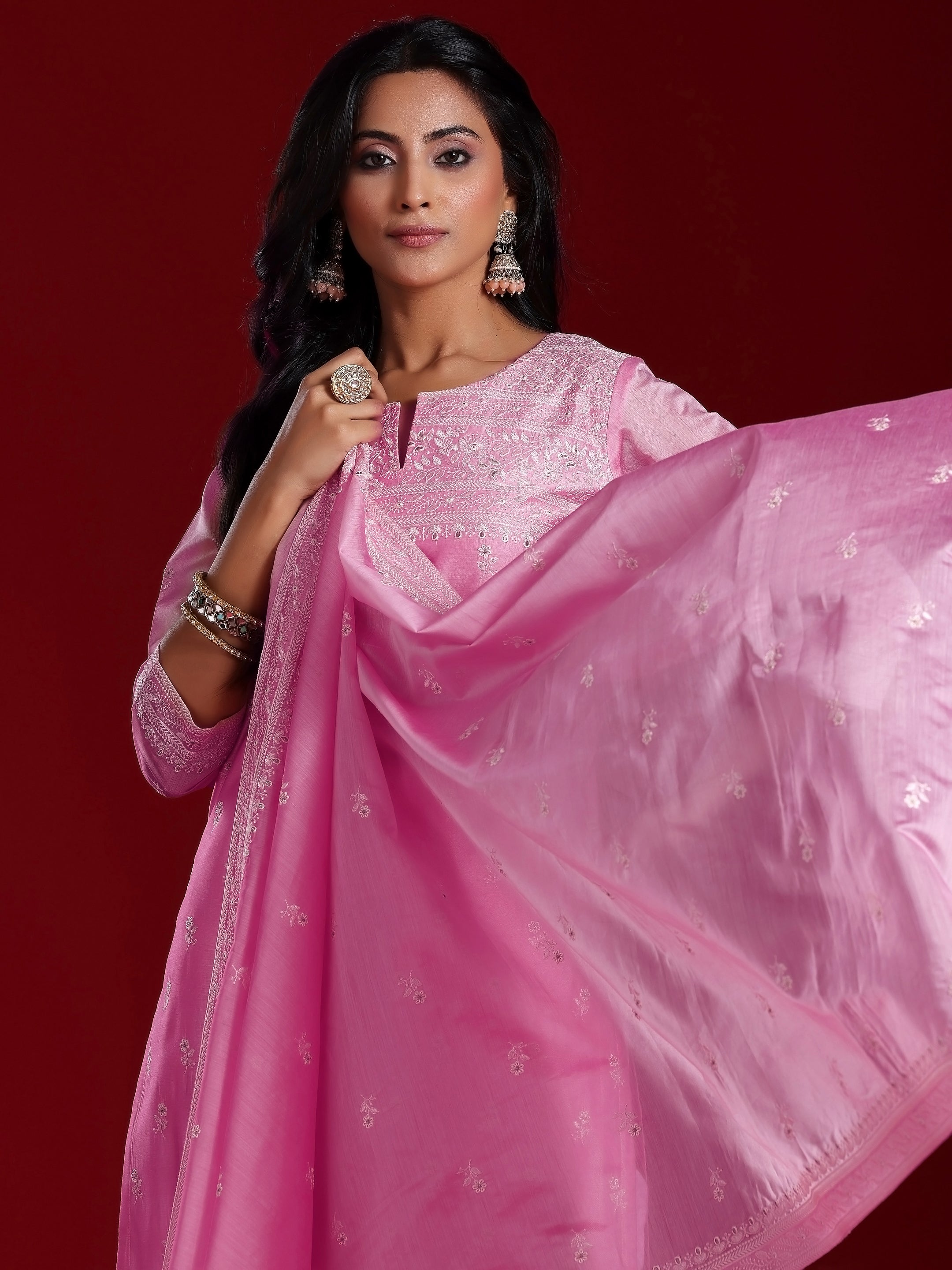 Libas Art Pink Embroidered Chanderi Silk Straight Suit With Dupatta