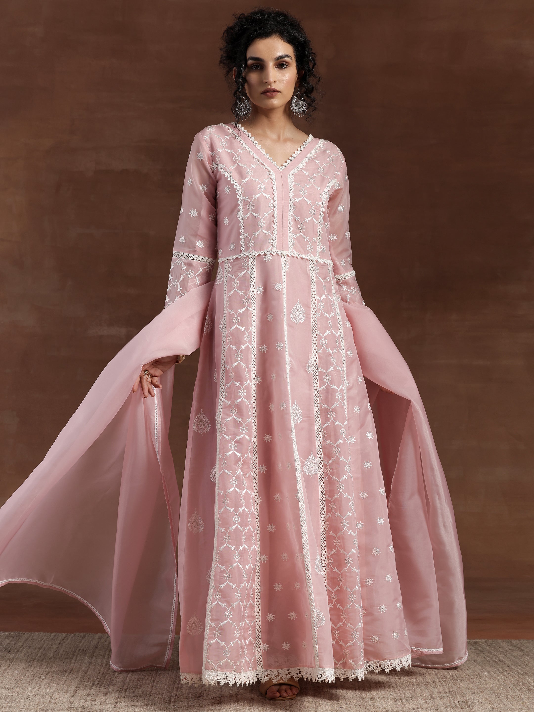 Pink Embroidered Organza A-Line Kurta With Palazzos & Dupatta