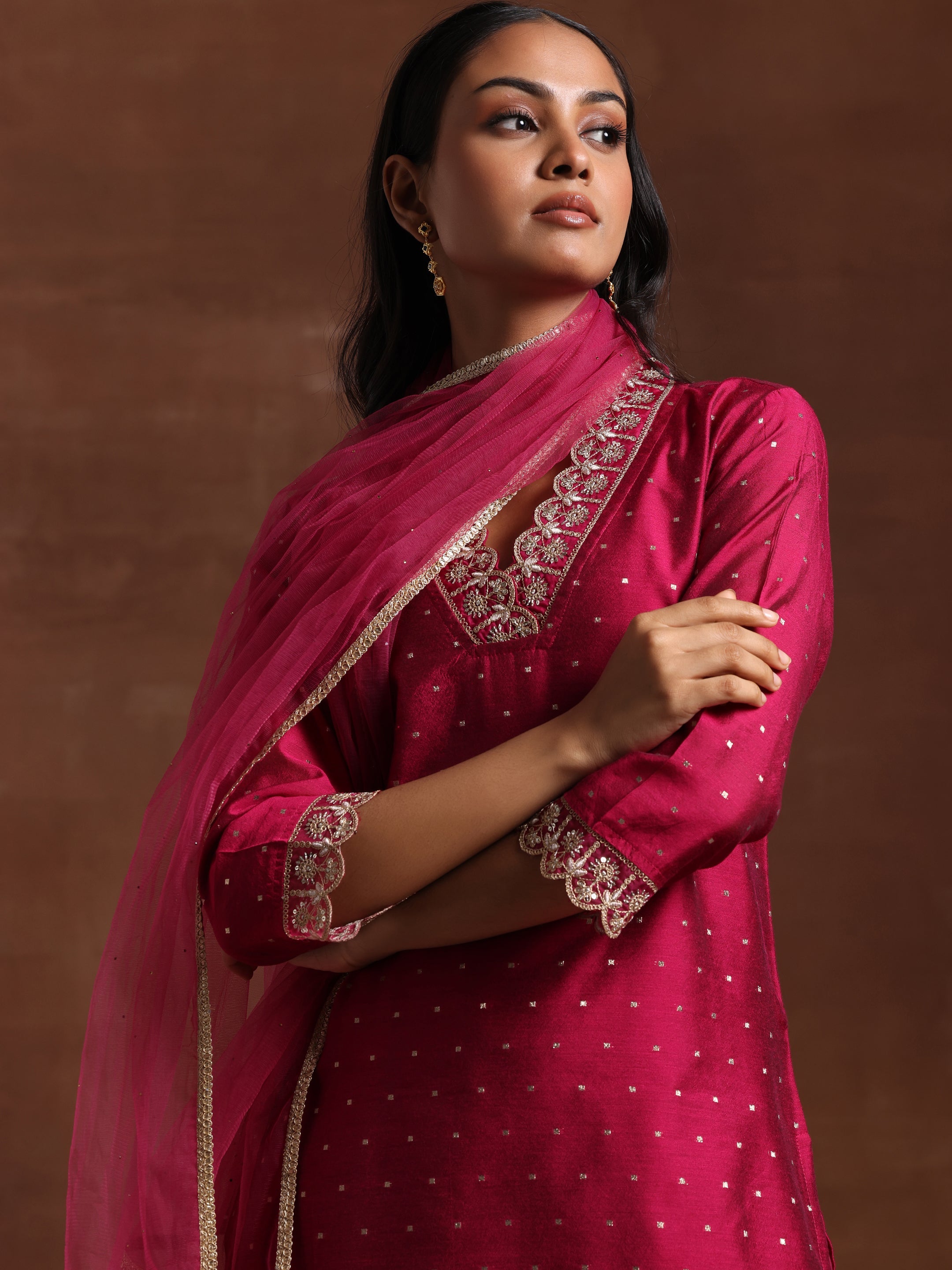 Pink Self Design Silk Blend Straight Suit With Dupatta