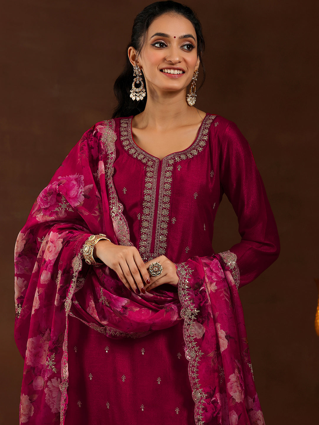 Red Embroidered Silk Blend Straight Suit With Dupatta