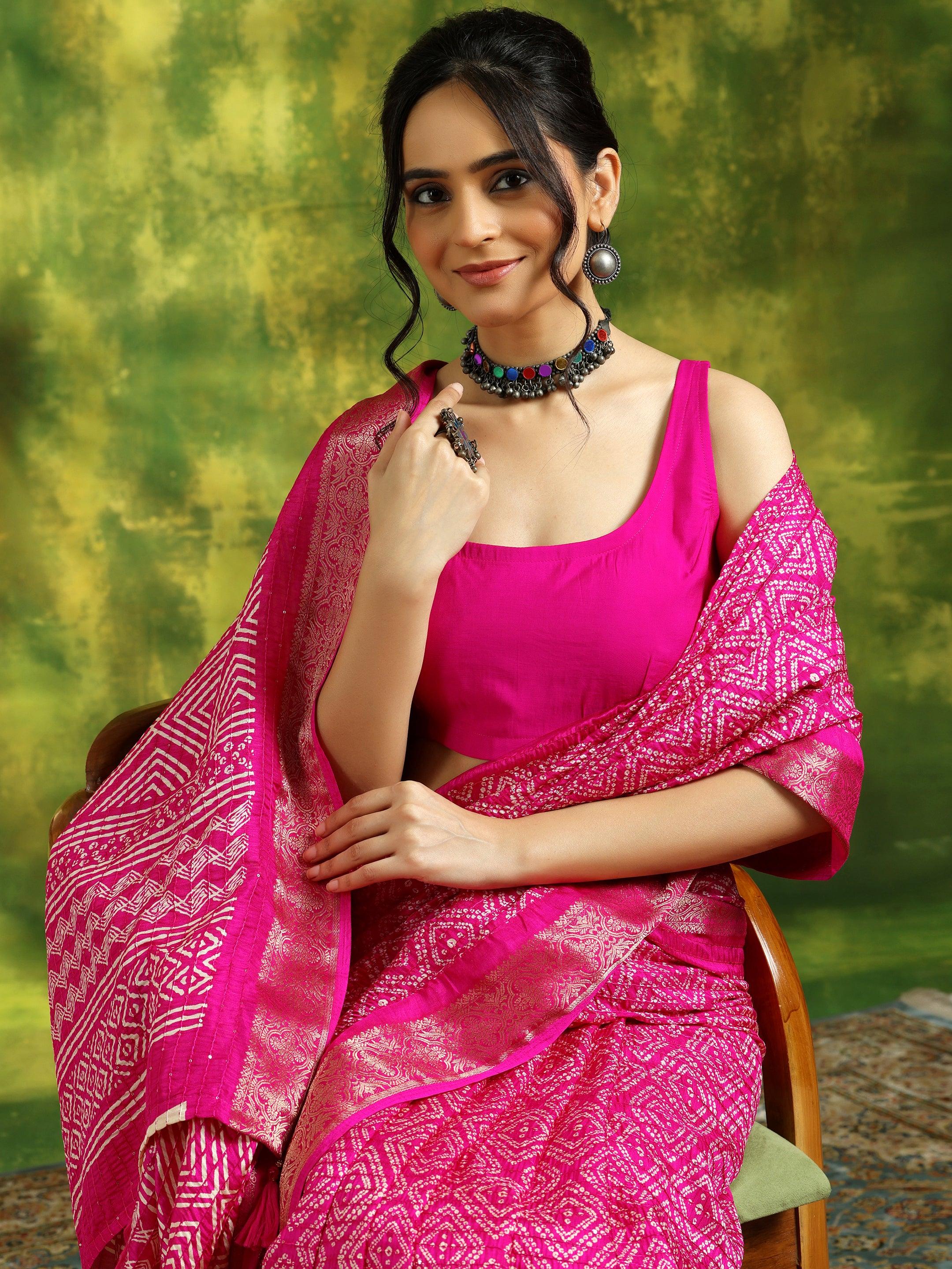 Pink Printed Silk Blend Saree With Unstitched Blouse Piece