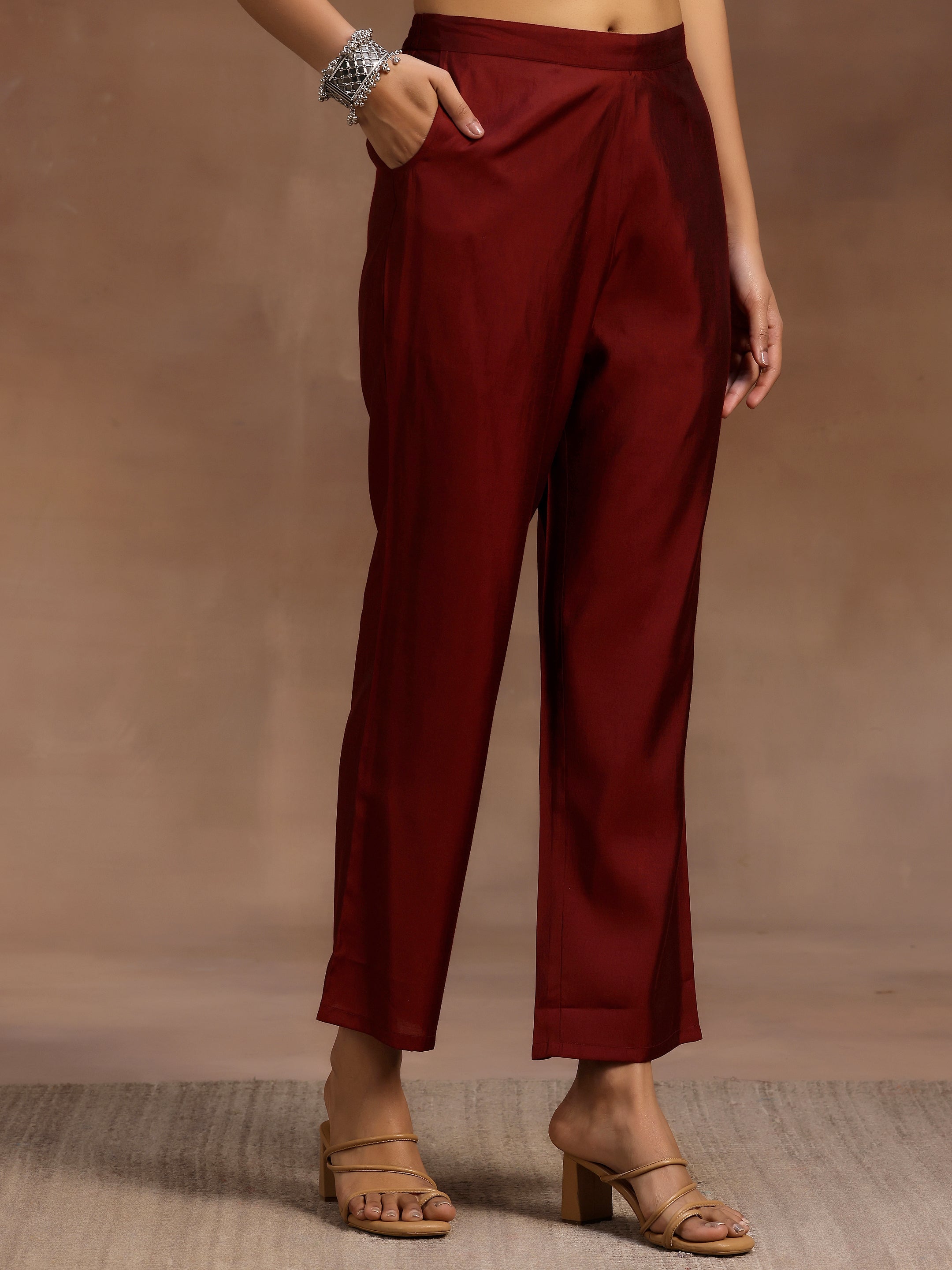 Maroon Printed Silk Blend A-Line Kurta With Trousers & Dupatta