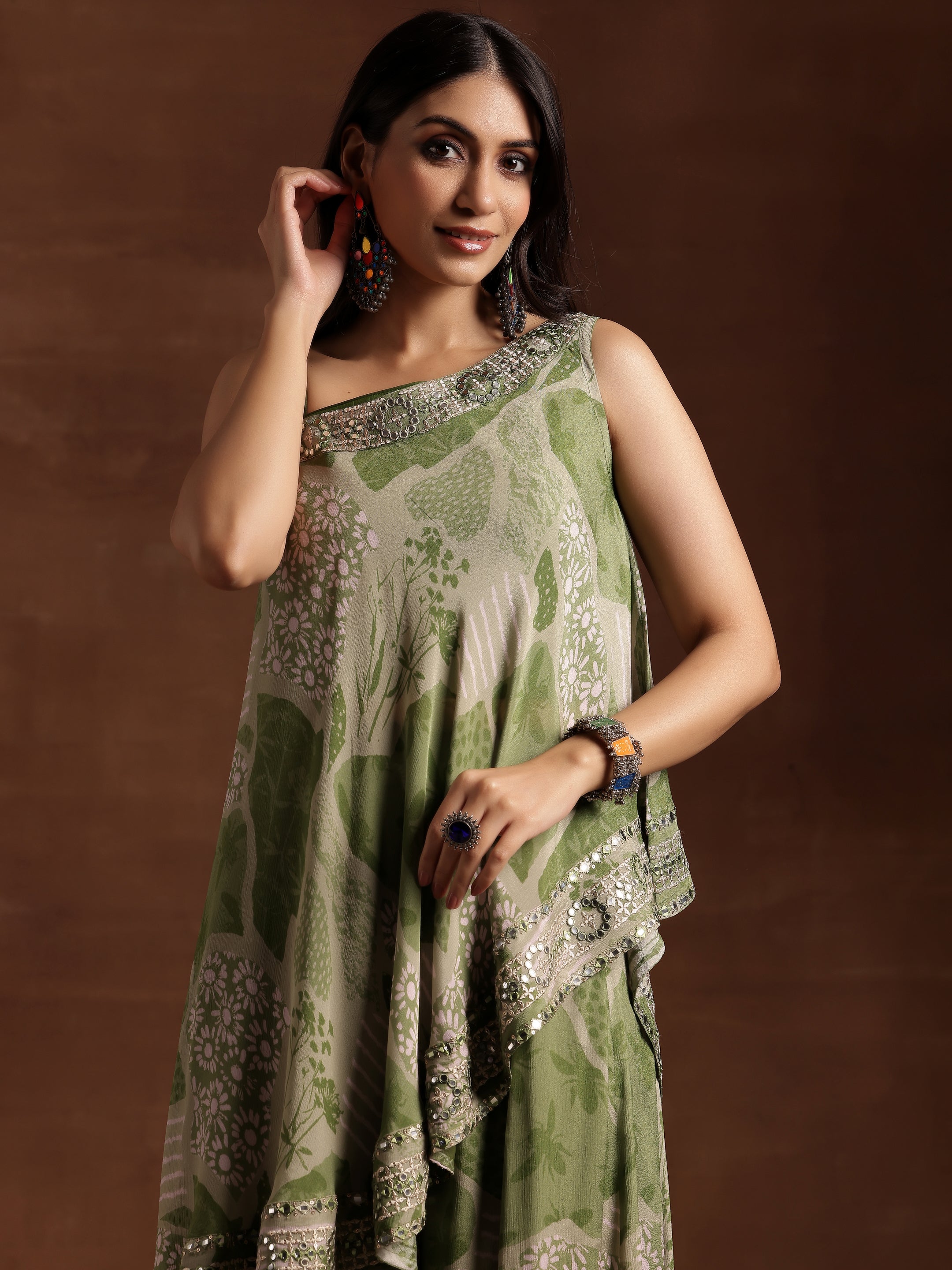 Green Printed Silk Blend Co-Ords