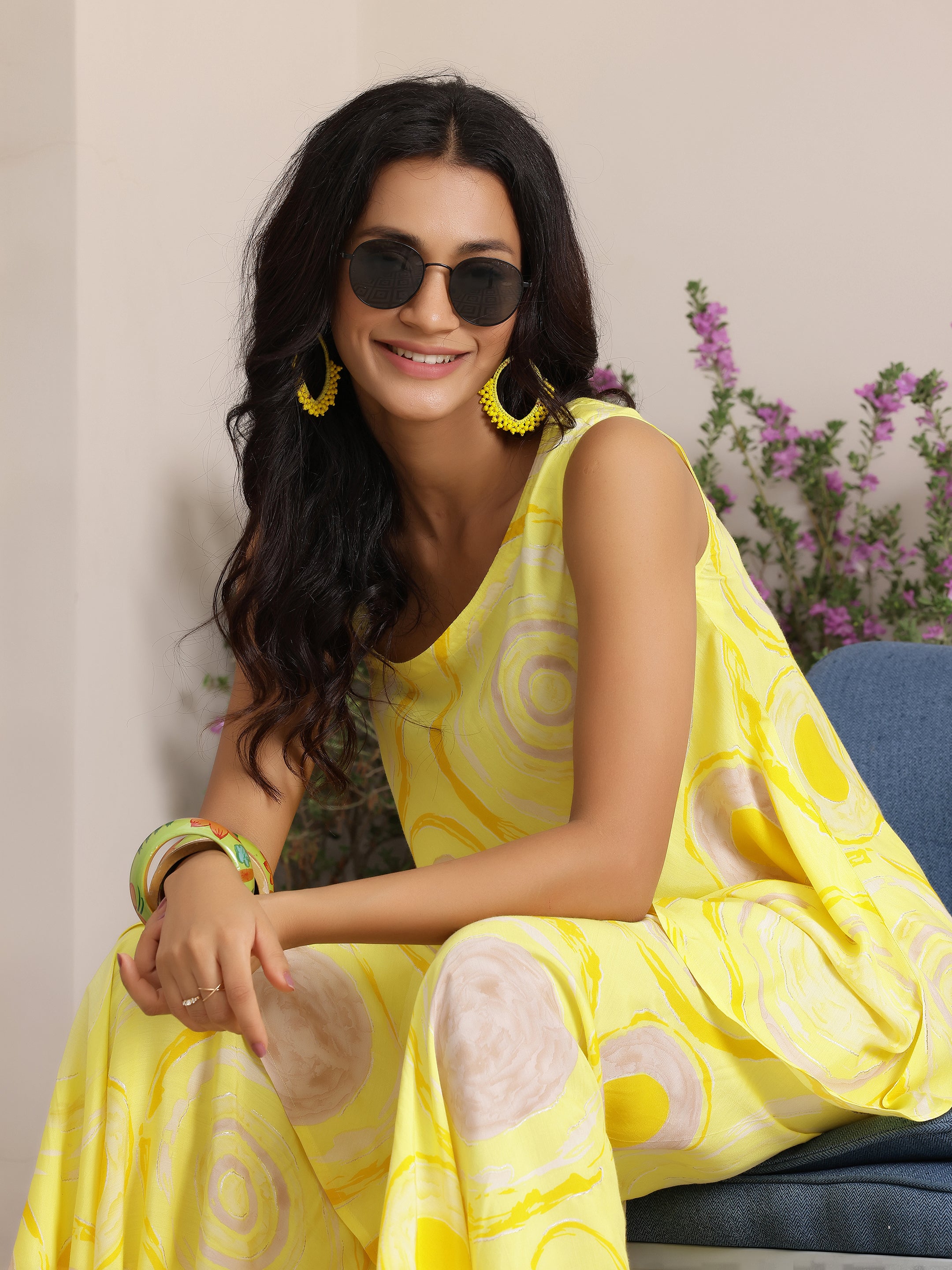 Yellow Printed Silk Blend Co-Ords