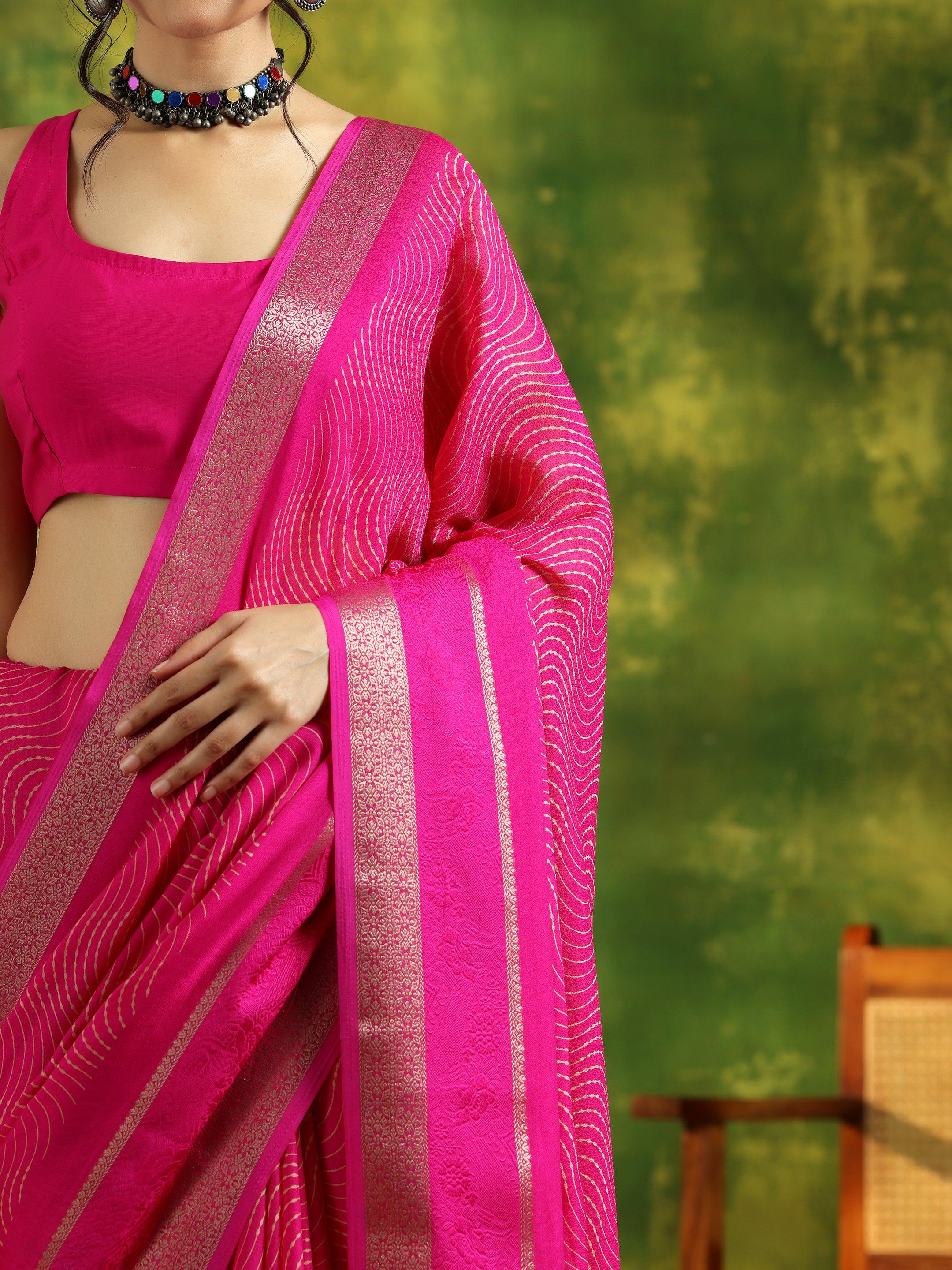 Pink Printed Silk Blend Saree With Unstitched Blouse Piece