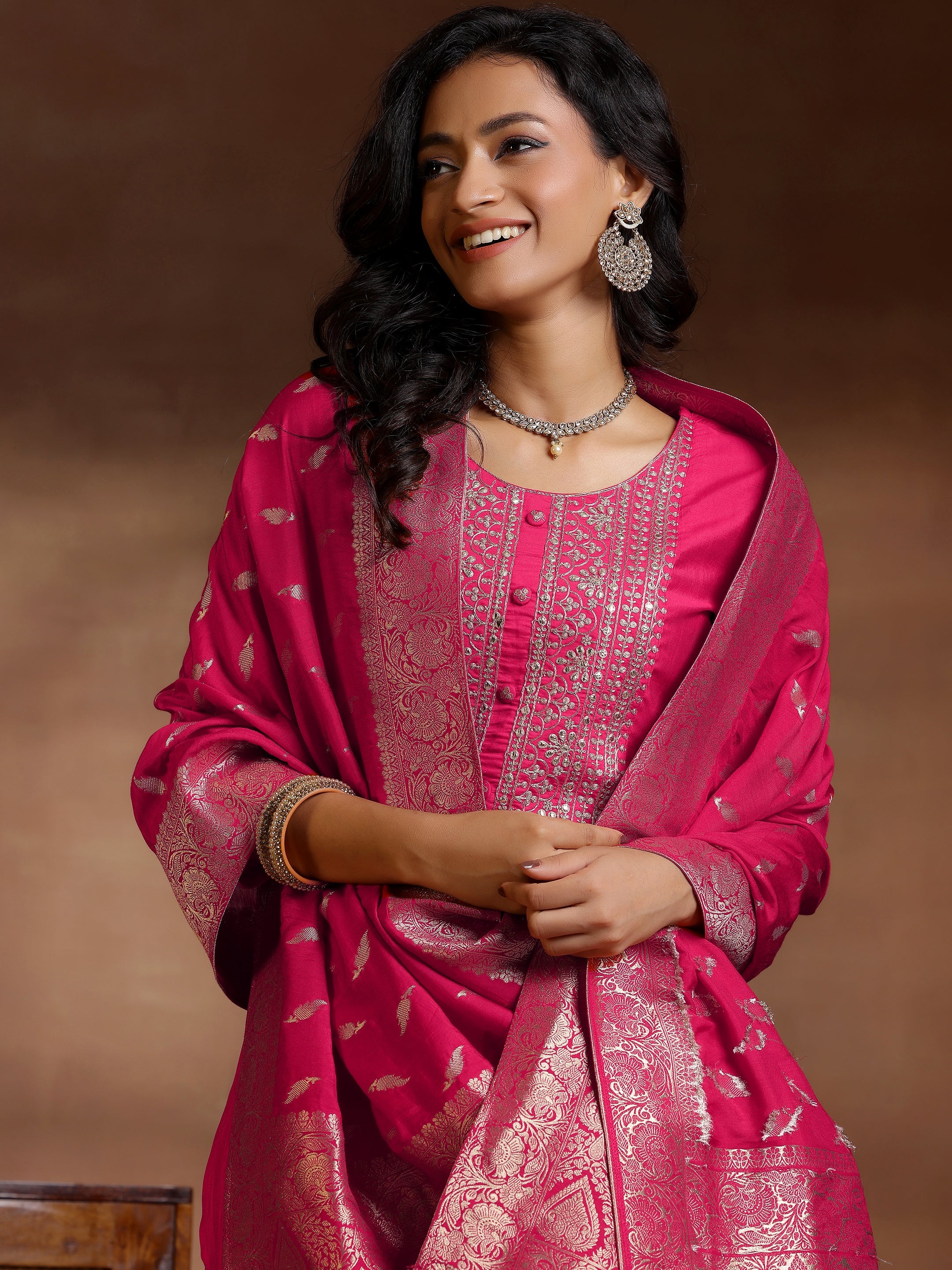 Pink Yoke Design Silk Blend Straight Suits With Dupatta