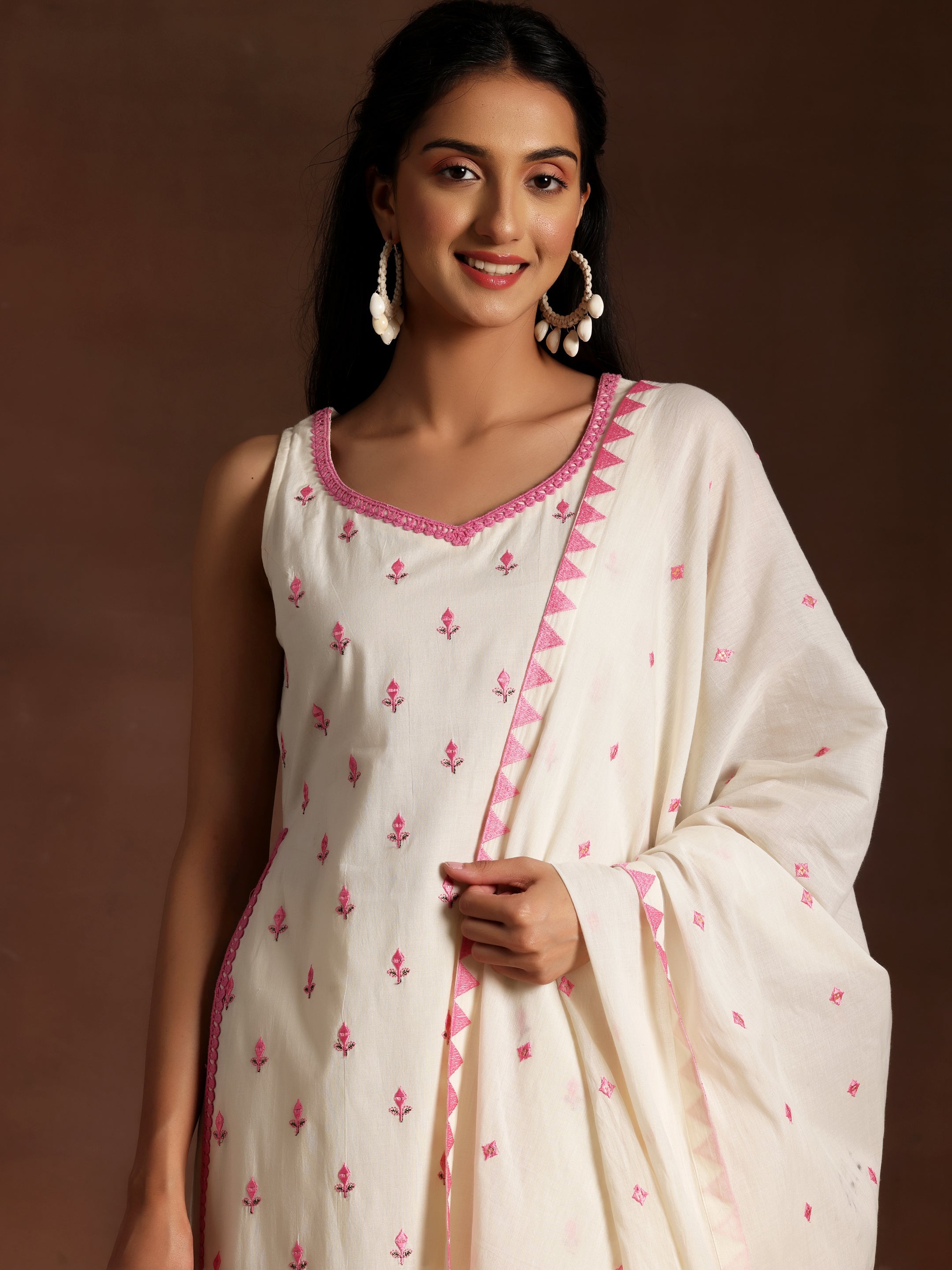 Off White Embroidered Cotton Straight Suit With Dupatta