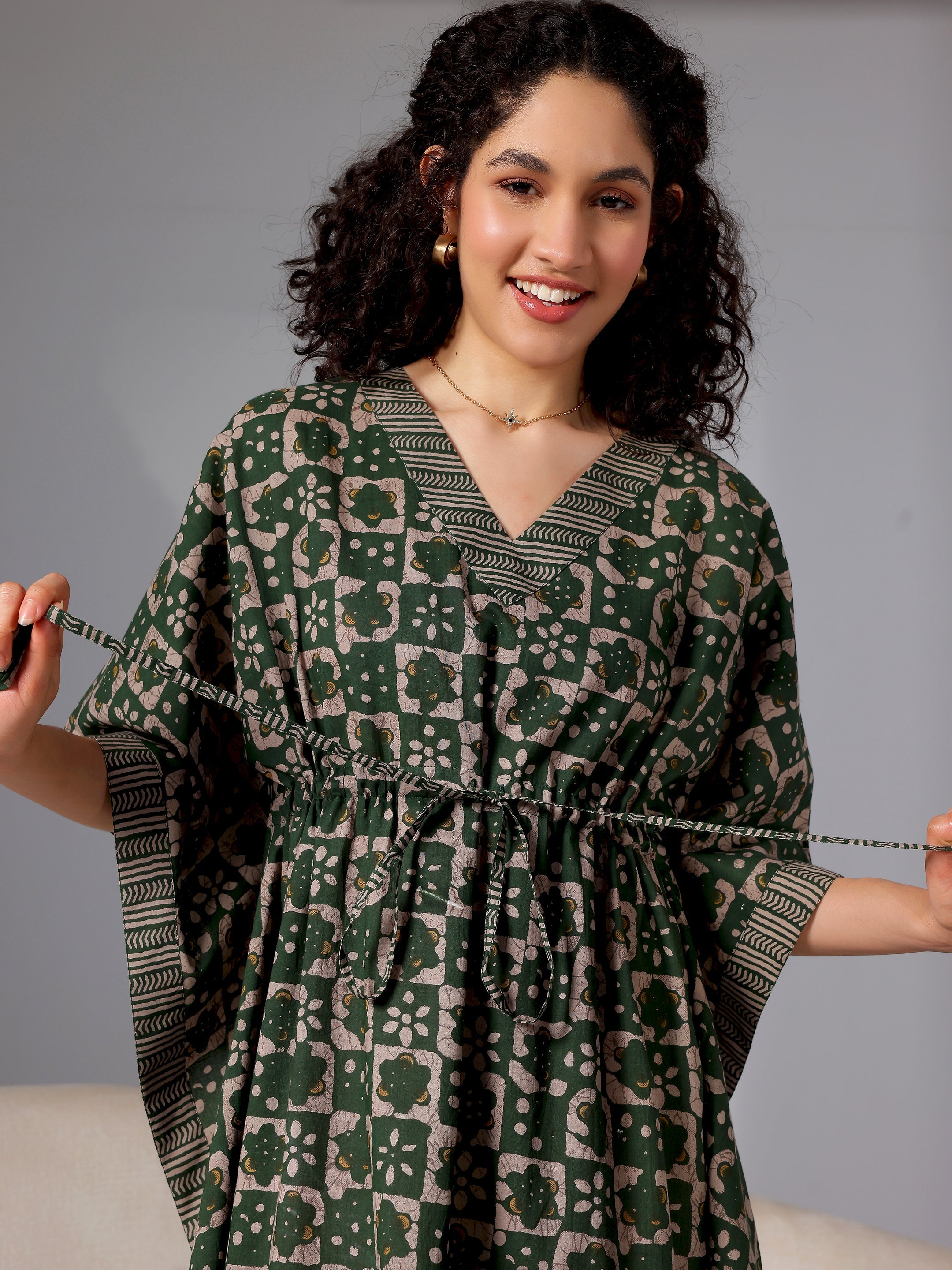 Green Printed Cotton Kaftan Night Dress