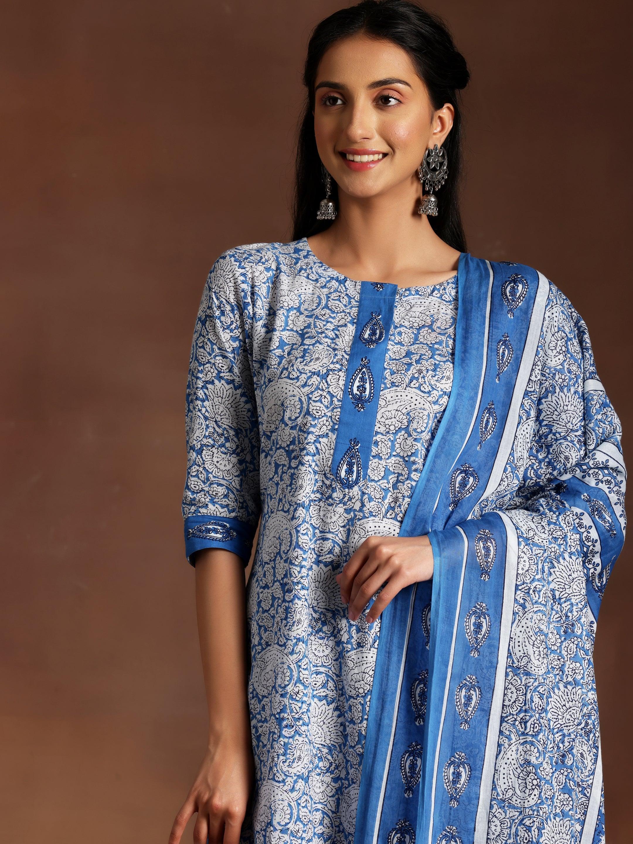 Blue Printed Cotton Straight Suit With Dupatta