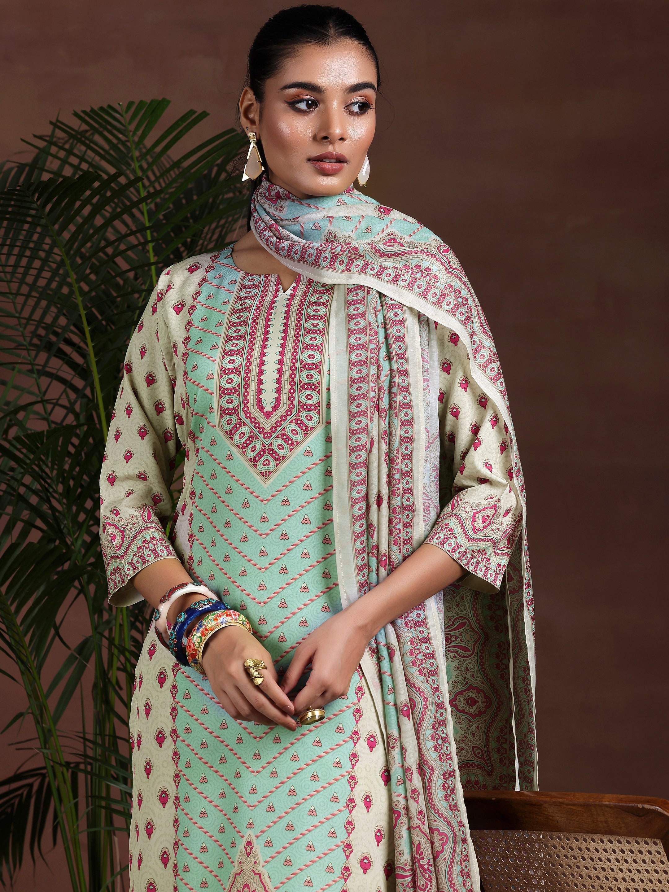 Beige Printed Poly Crepe Straight Suit With Dupatta