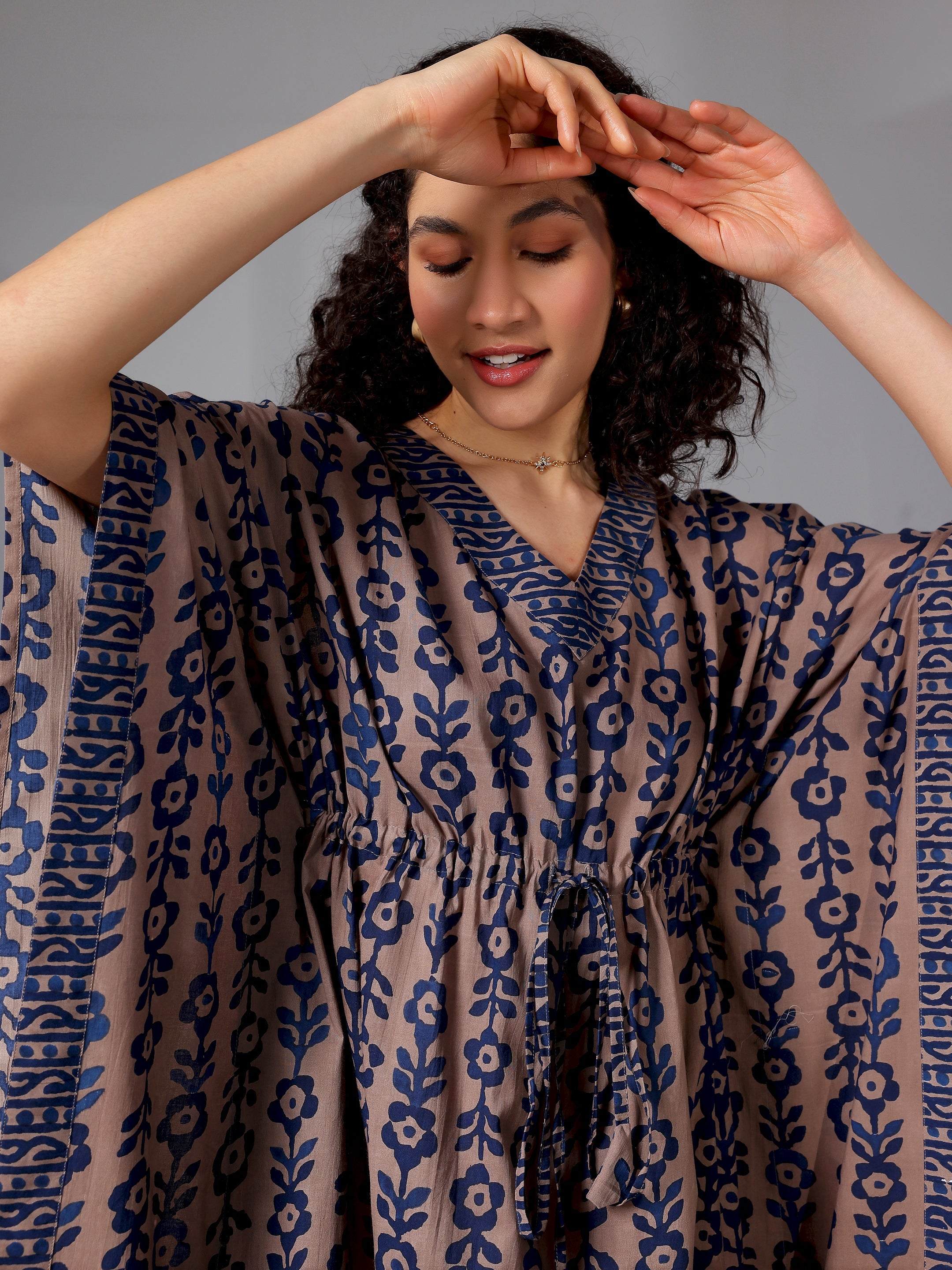 Blue Printed Cotton Kaftan Night Dress