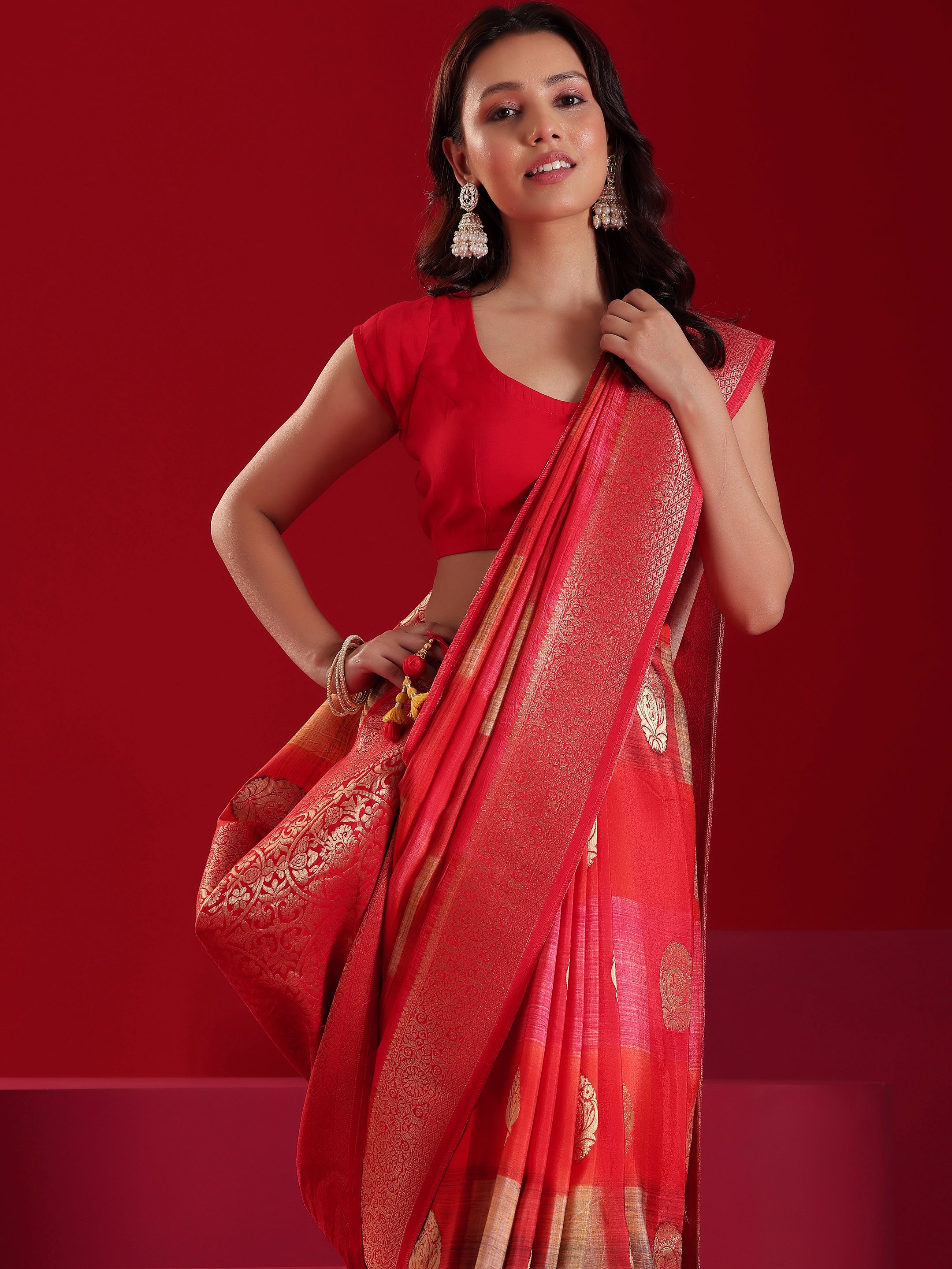 Libas Art Red Orange Woven Design Satin Saree With Unstitched  Blouse Piece