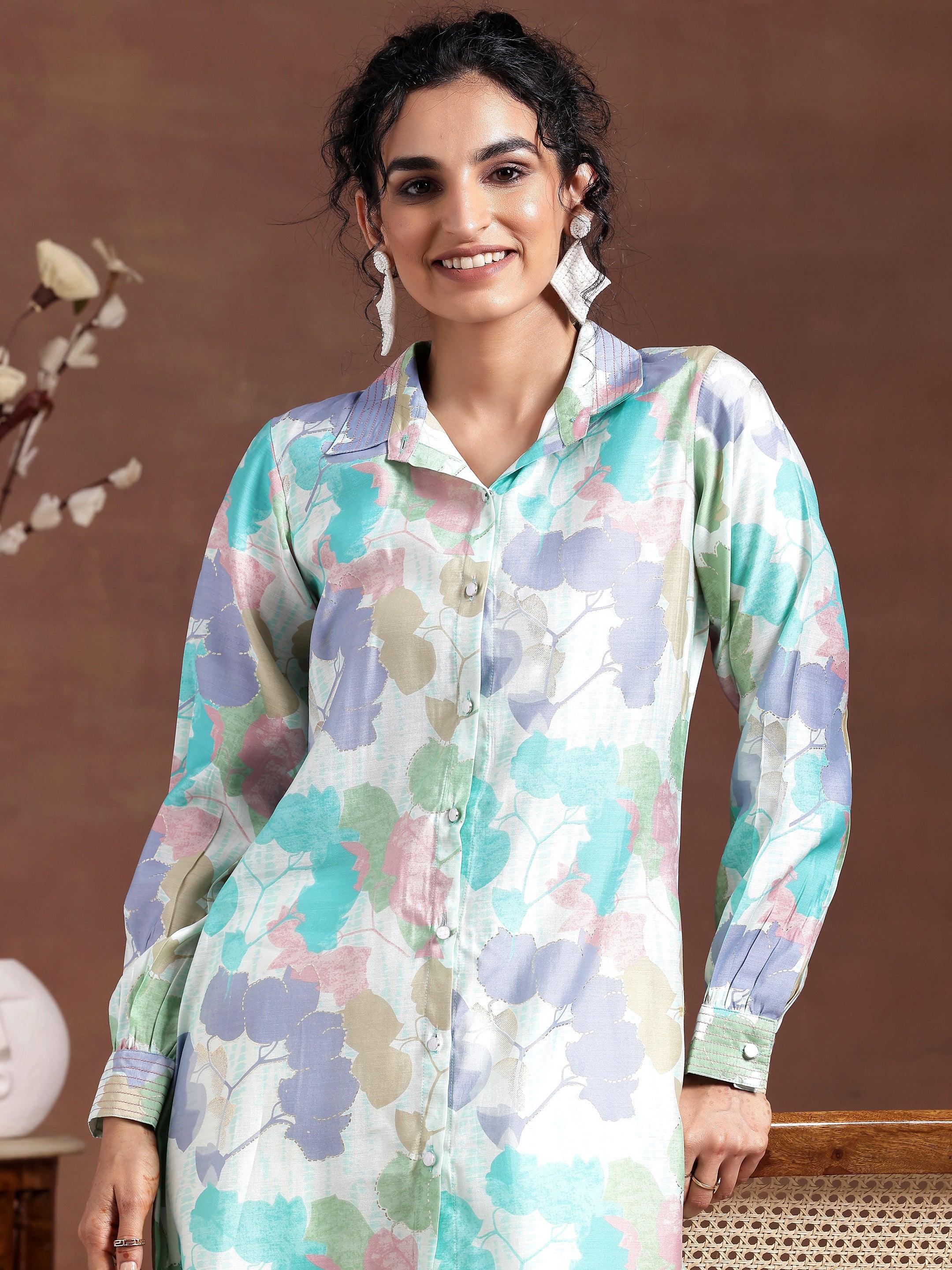 Green Printed Silk Blend Straight Kurti