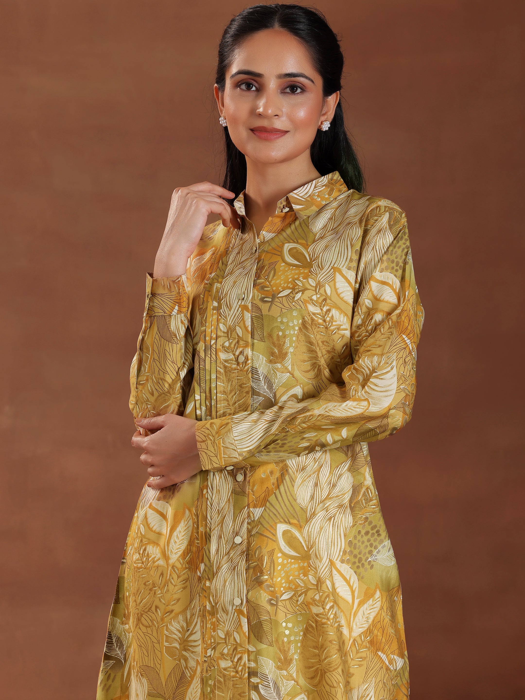 Mustard Printed Silk Blend Straight Kurti