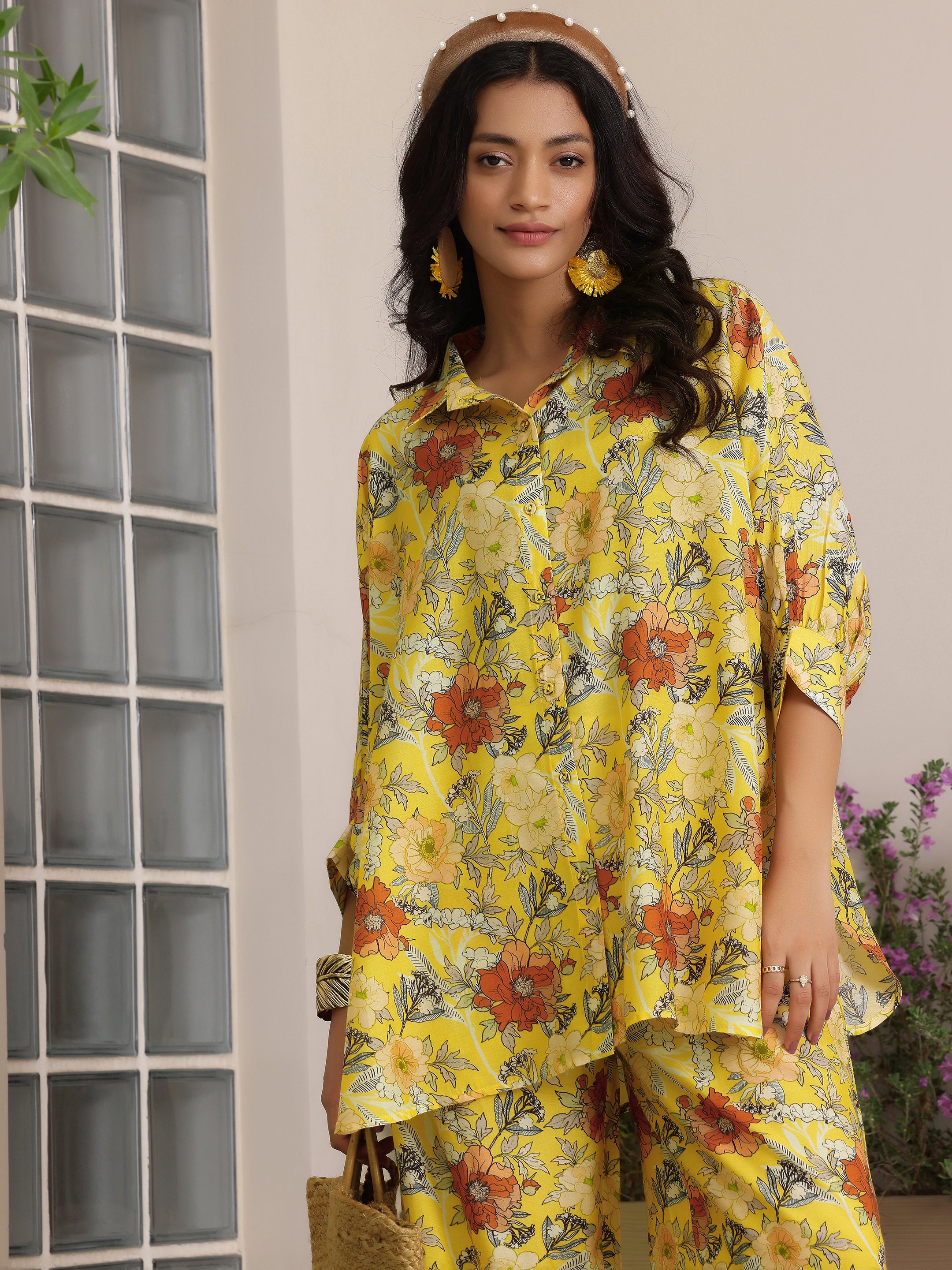 Yellow Printed Silk Blend Co-Ords