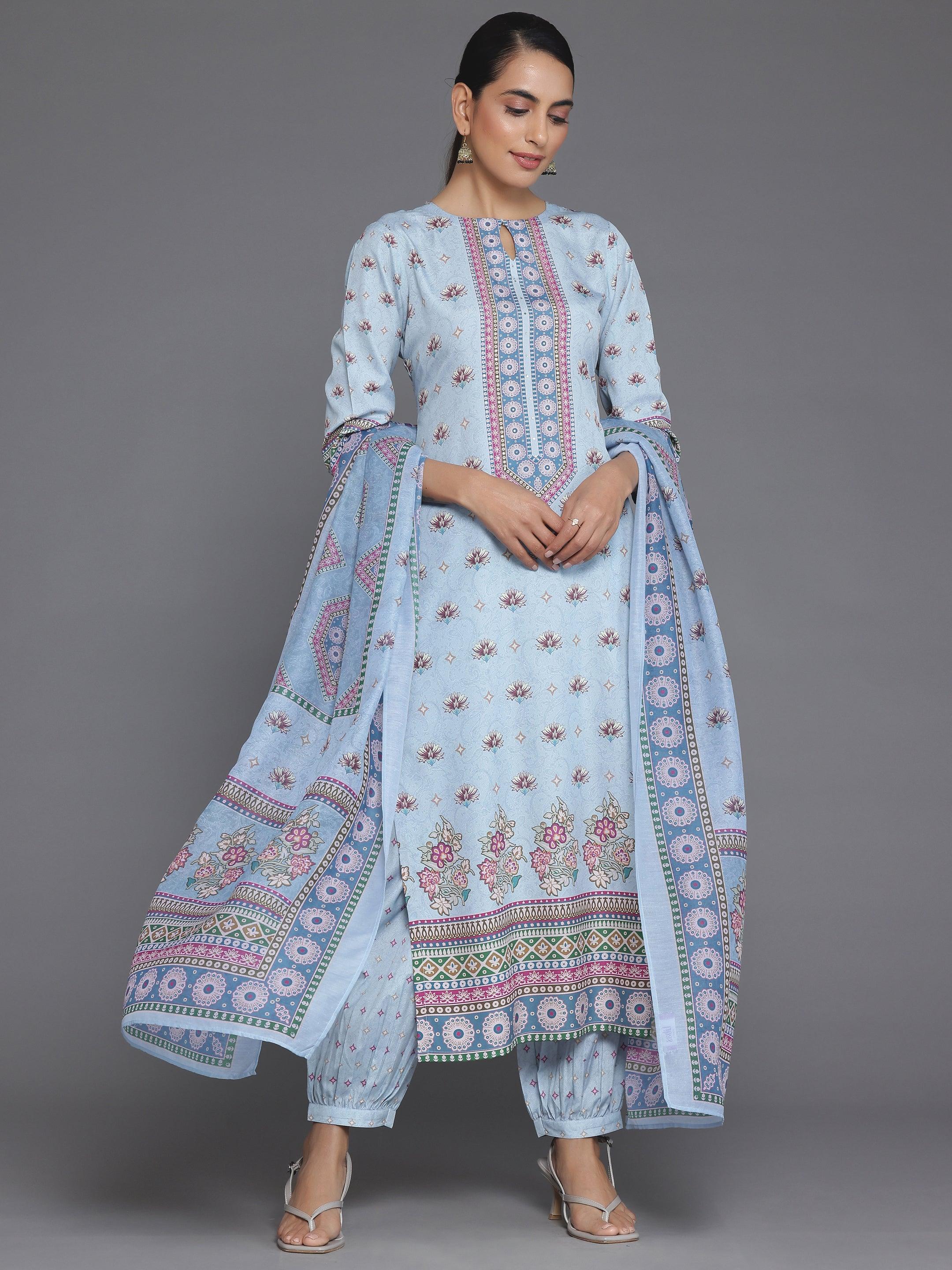 Blue Printed Poly Crepe Straight Suit With Dupatta