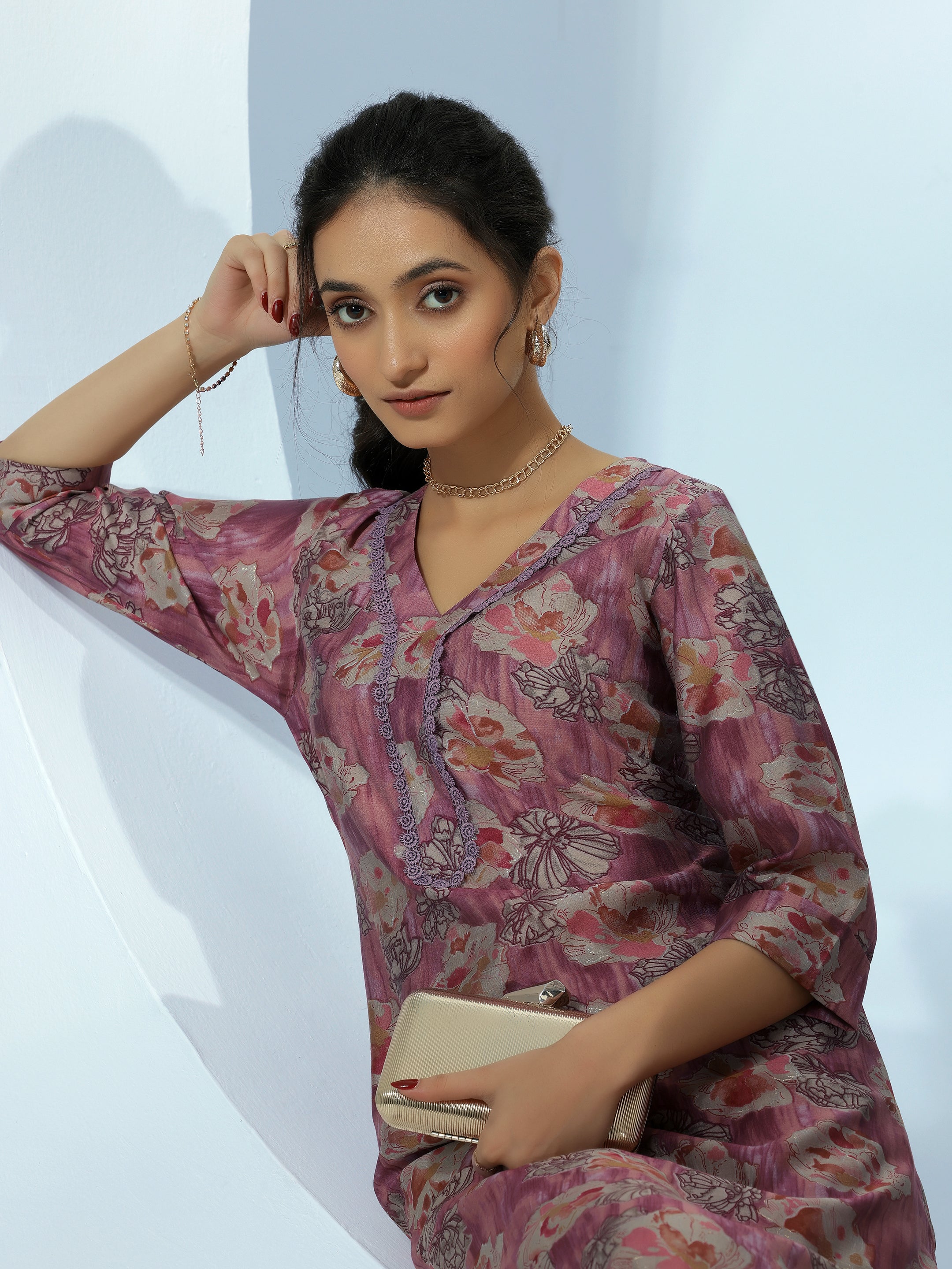 Mauve Printed Silk Blend Kurta Set