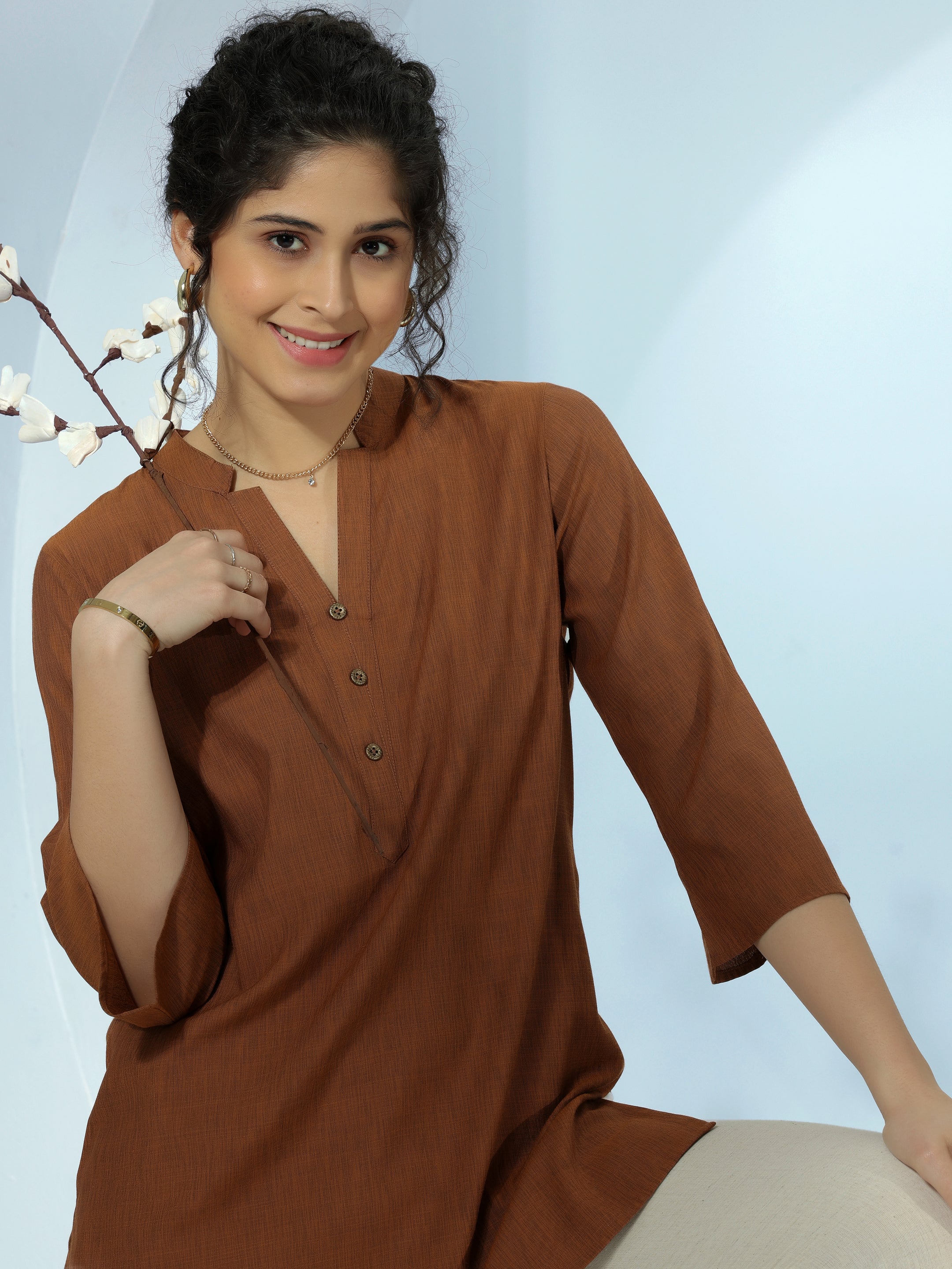 Brown Solid Cotton Blend Straight Kurti