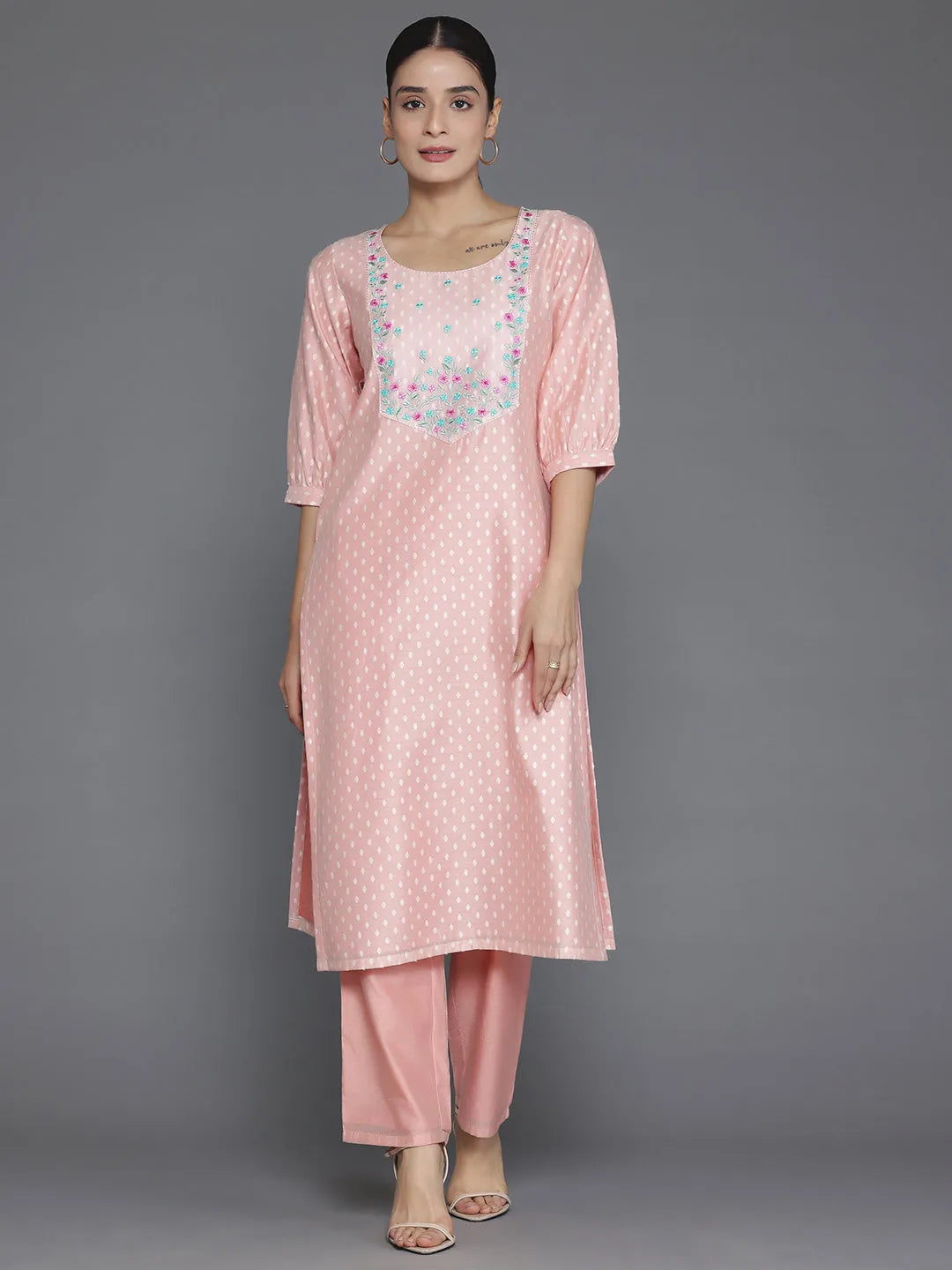 Peach Printed Chanderi Silk Straight Kurta Set