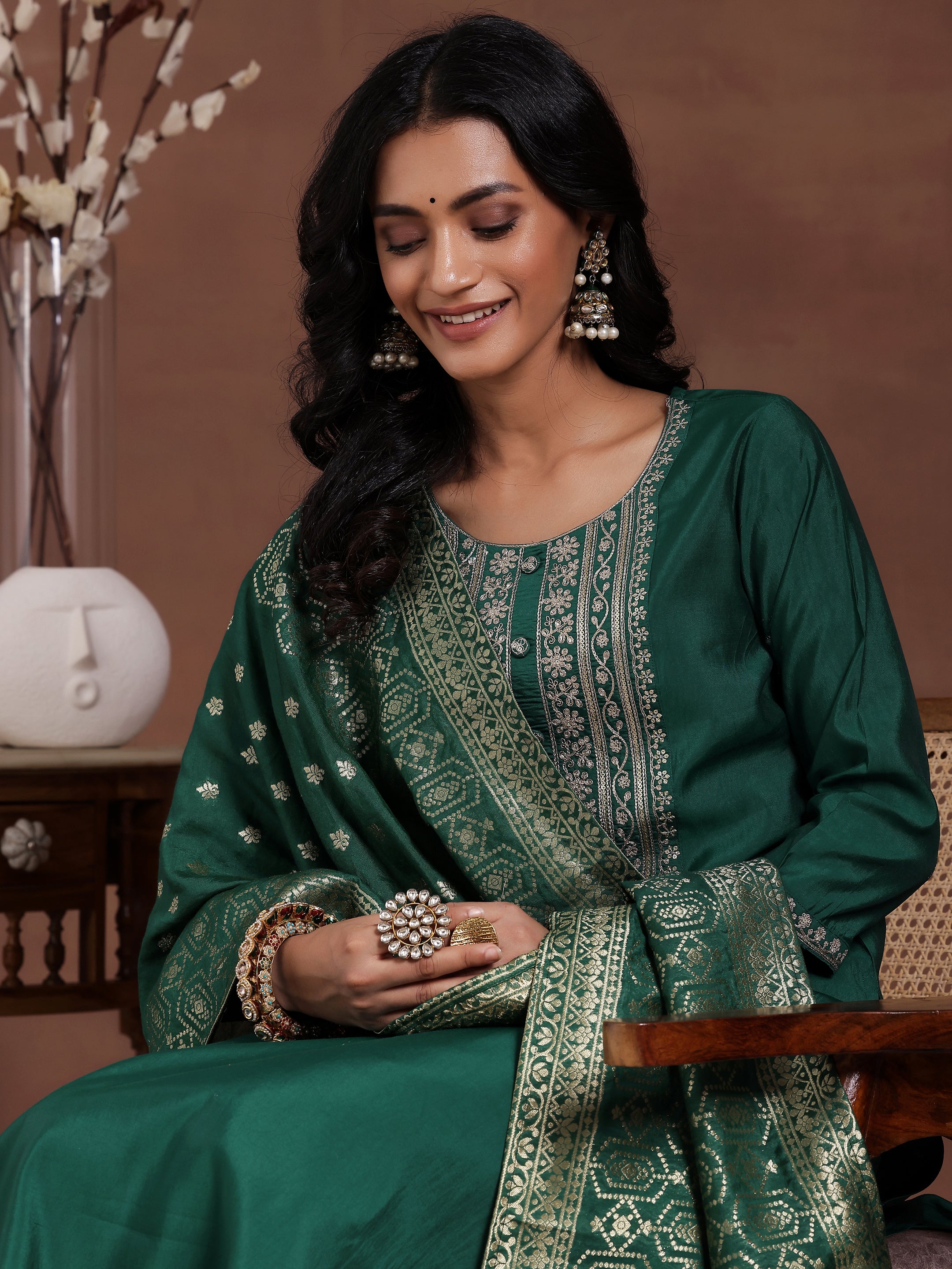 Green Yoke Design Silk Blend Straight Suit With Dupatta