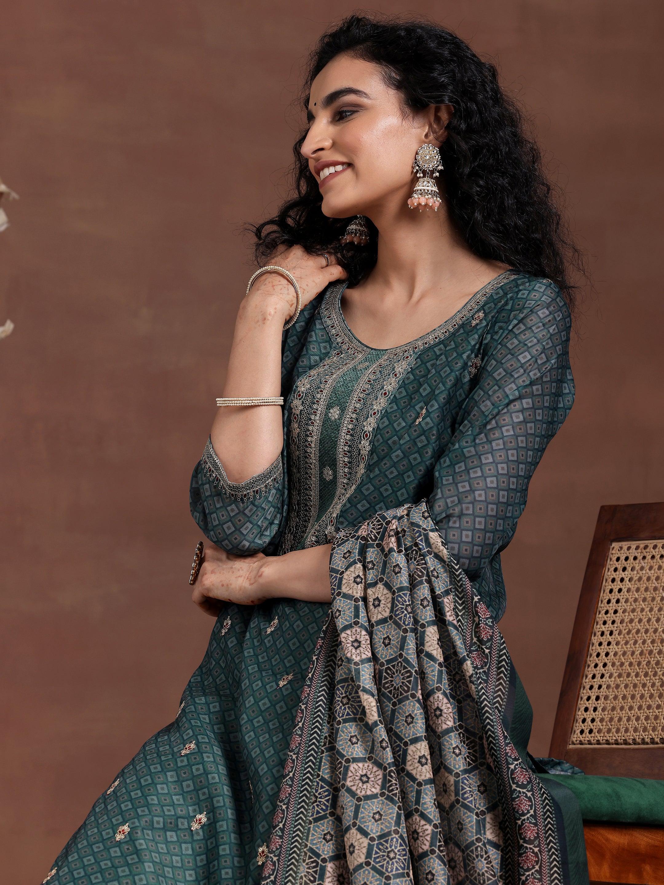 Teal Printed Silk Blend Straight Suit With Dupatta