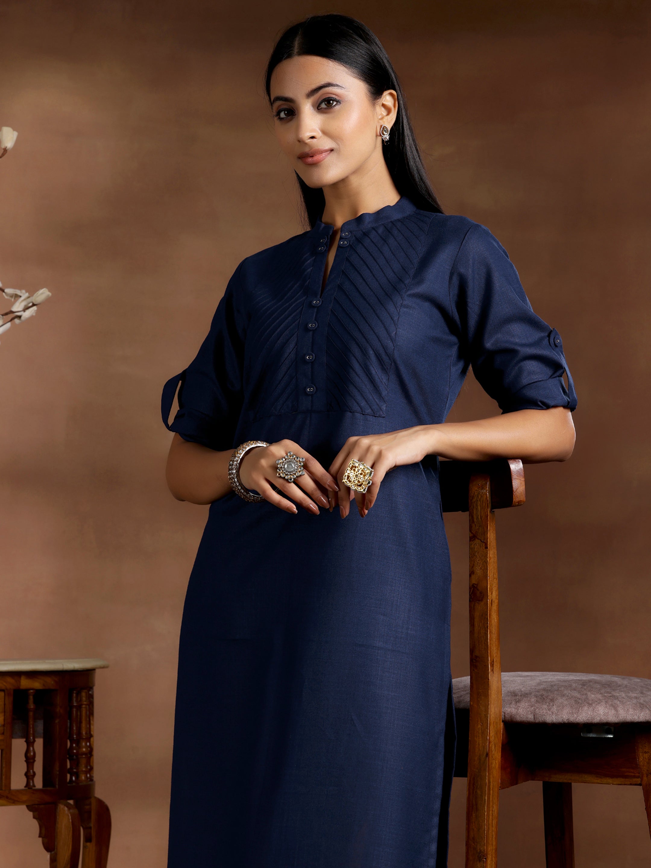 Blue Solid Silk Straight Kurta