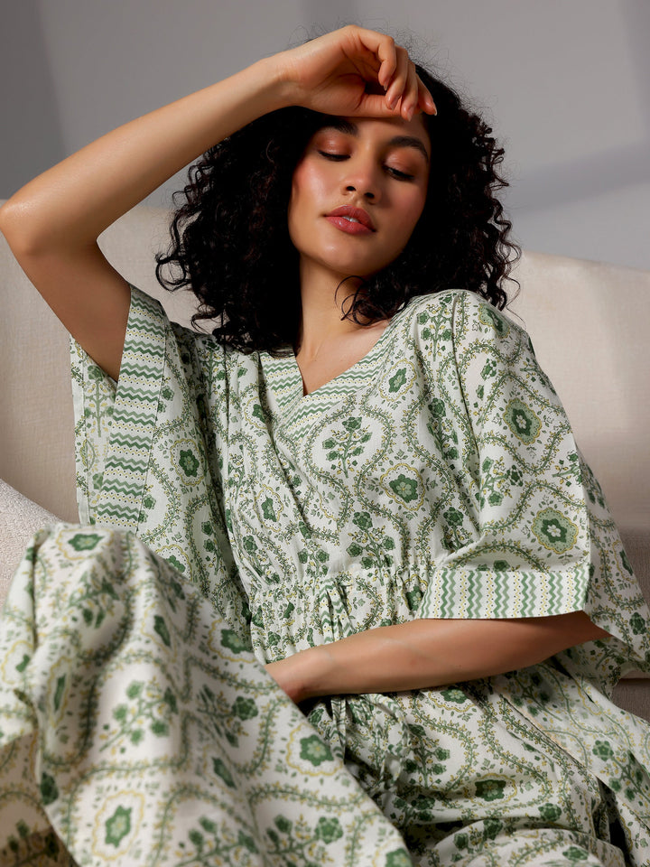 Green Printed Cotton Kaftan Night Dress