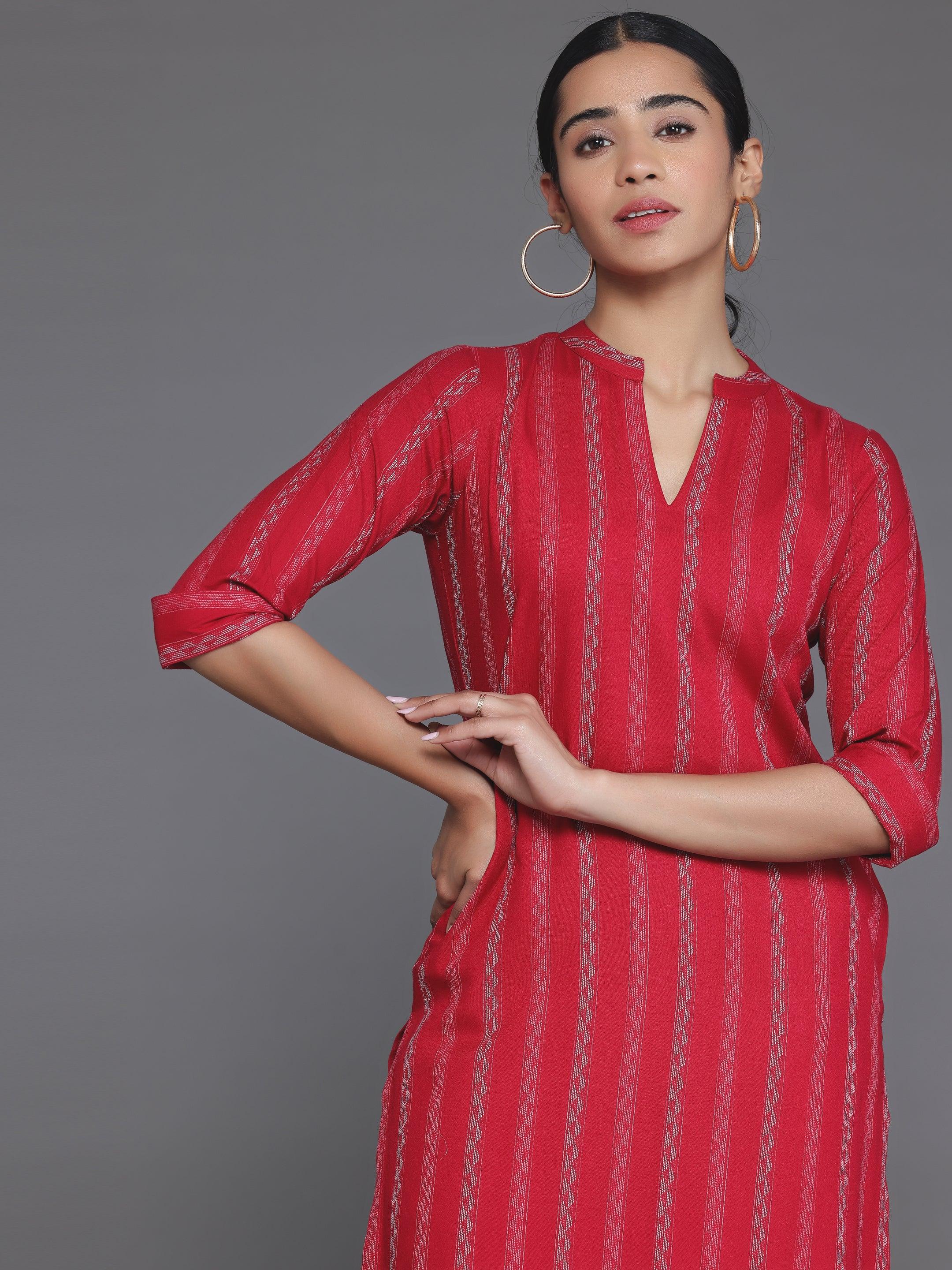 Red Striped Rayon Straight Kurta