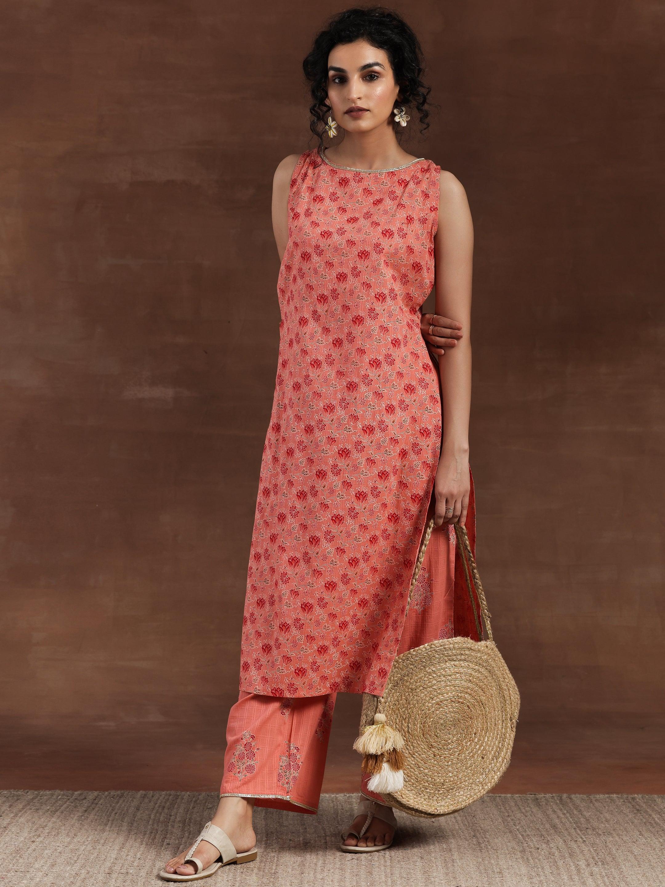 Peach Printed Cotton Straight Kurta Set